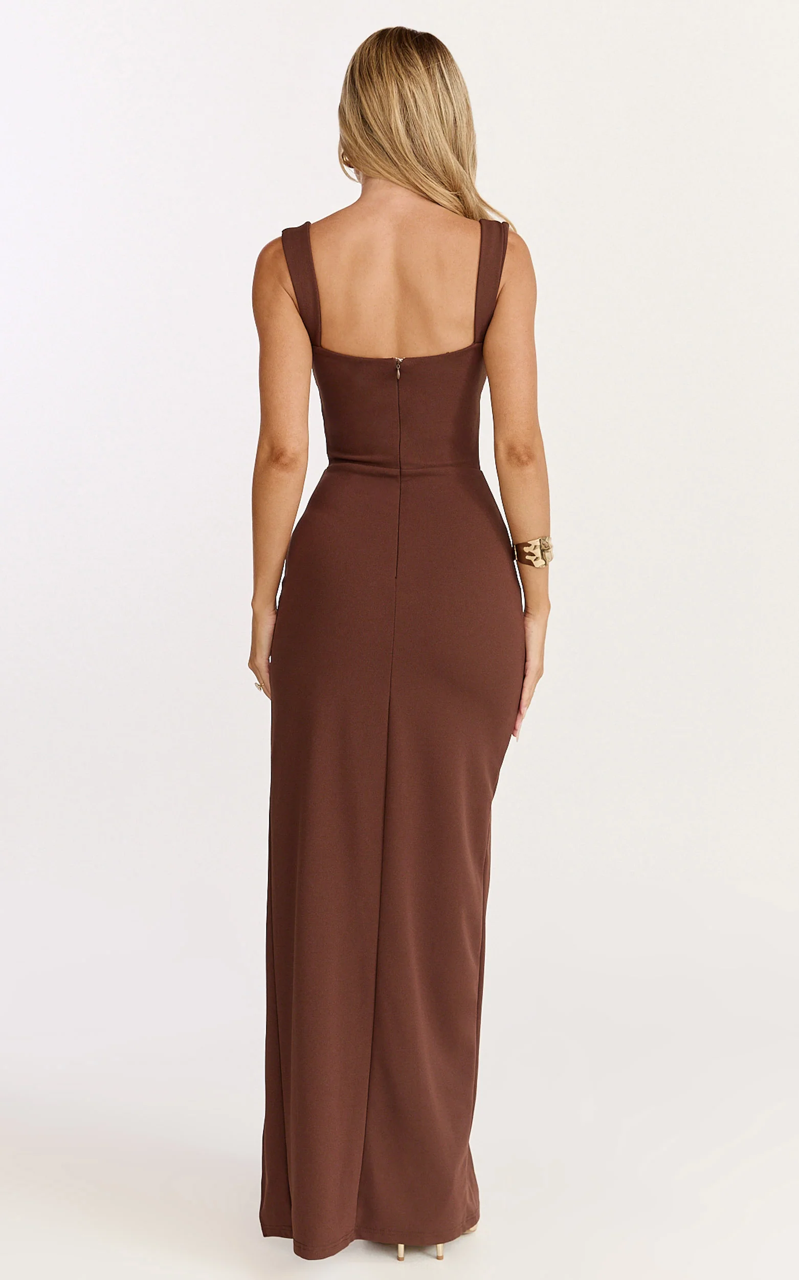 Donna Maxi Dress - Cowl Neck Column High Split Dress in Chocolate
