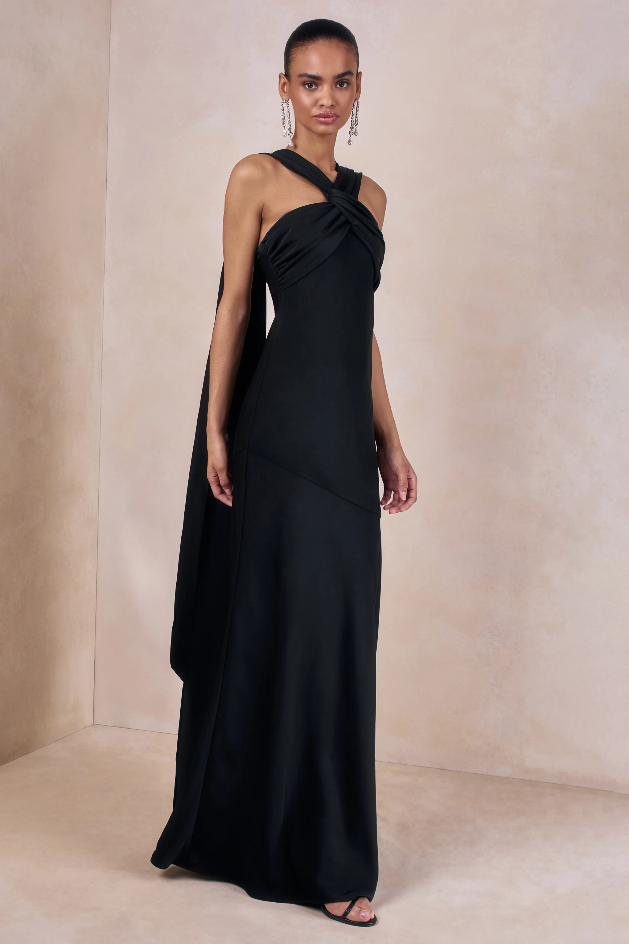 Sloane | Black Matte Satin Halter-Neck Maxi Dress With Cape