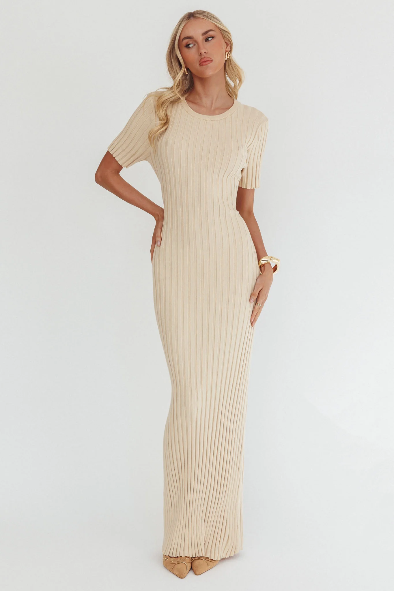 Faylen Waist Tie Ribbed Knit Maxi Dress Cream