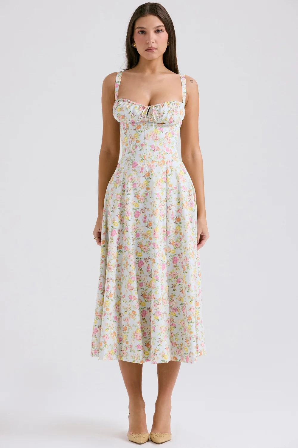Pale Blue Meadow Print Cotton Bustier Sundress