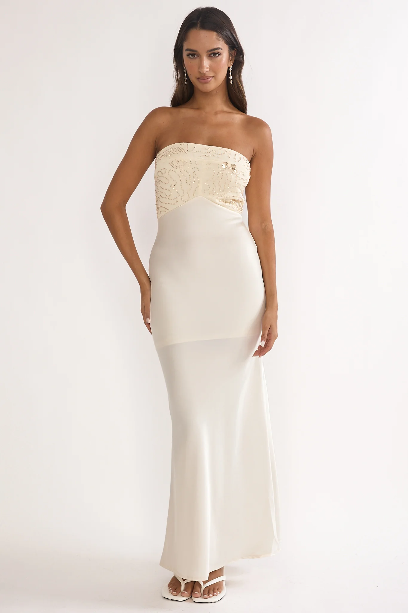 At Dusk Beaded Bust Strapless Maxi Dress Oyster - luluinthesky