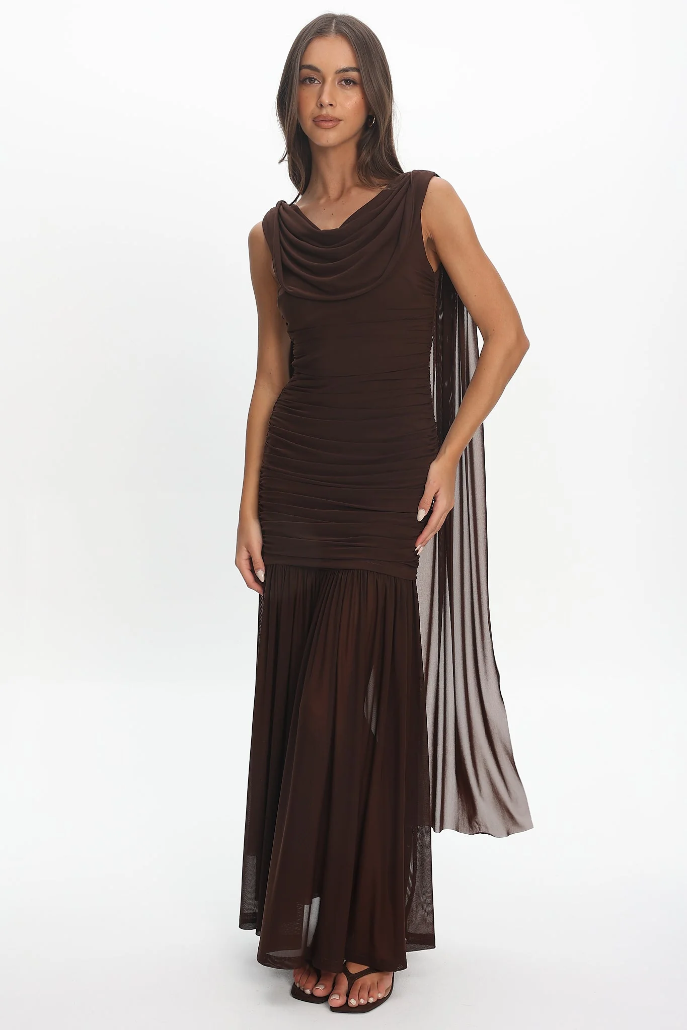 Rosellea Draped Shoulder Maxi Dress Chocolate