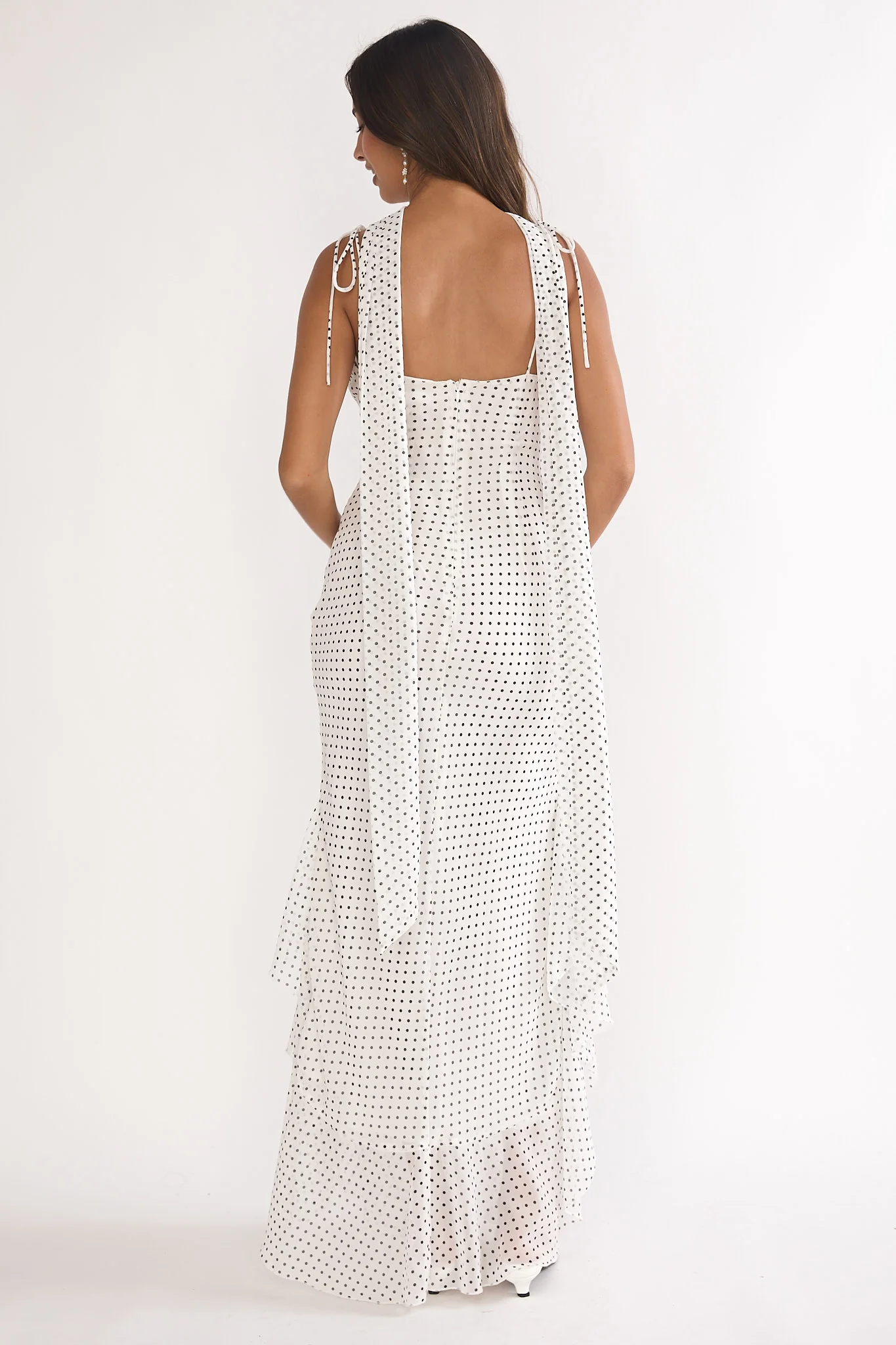 Emmara Tied Shoulder Maxi Dress Polka Dot White - luluinthesky