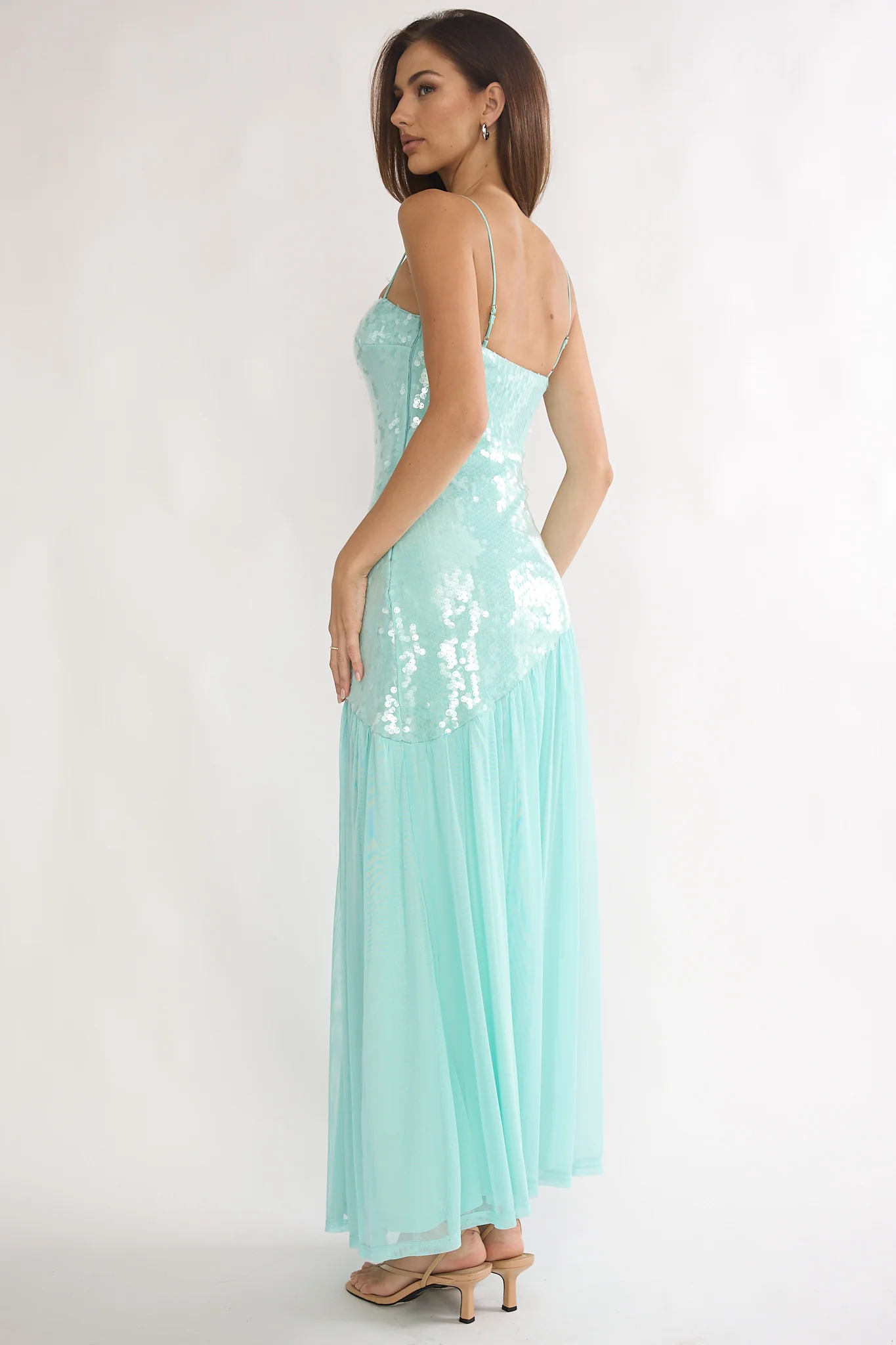 Azure Sun Drop Waist Split Maxi Dress Sequin Aqua - luluinthesky