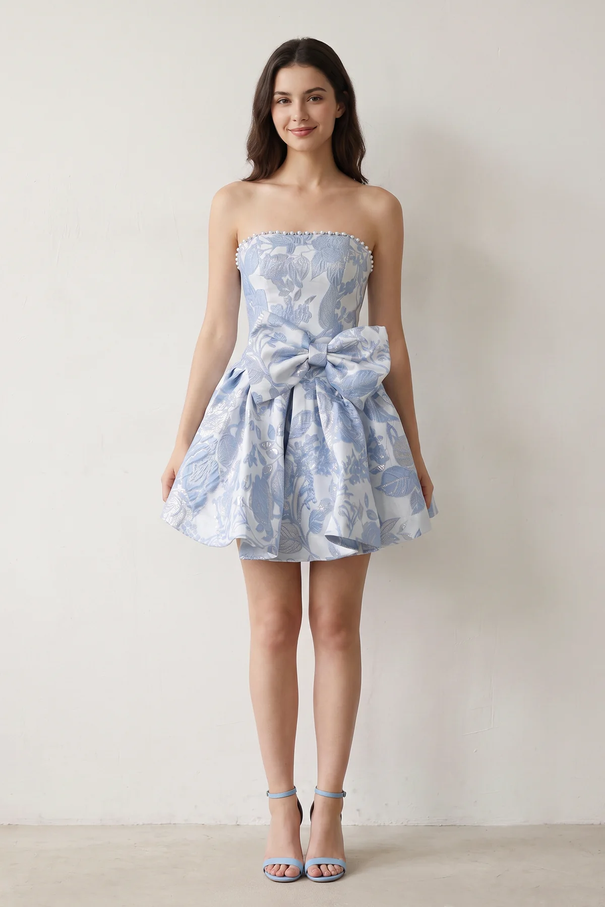 Blue Flower Jacquard Strapless A-Line Bowknot Homecoming Dress With Pearl