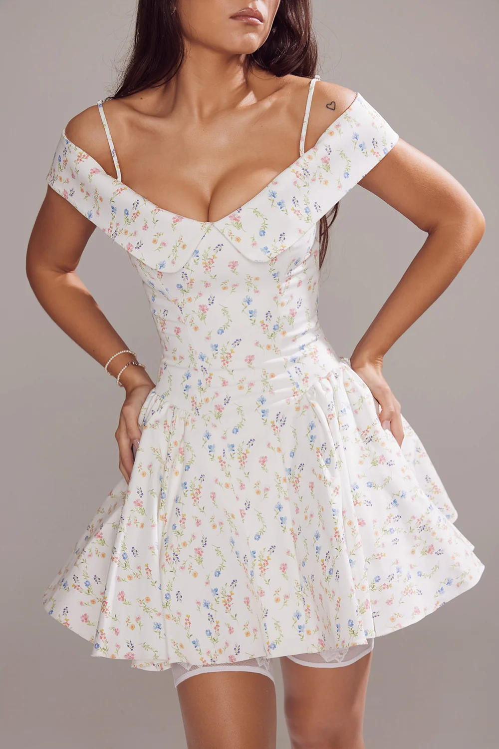 White Posy Print Corset Mini Dress