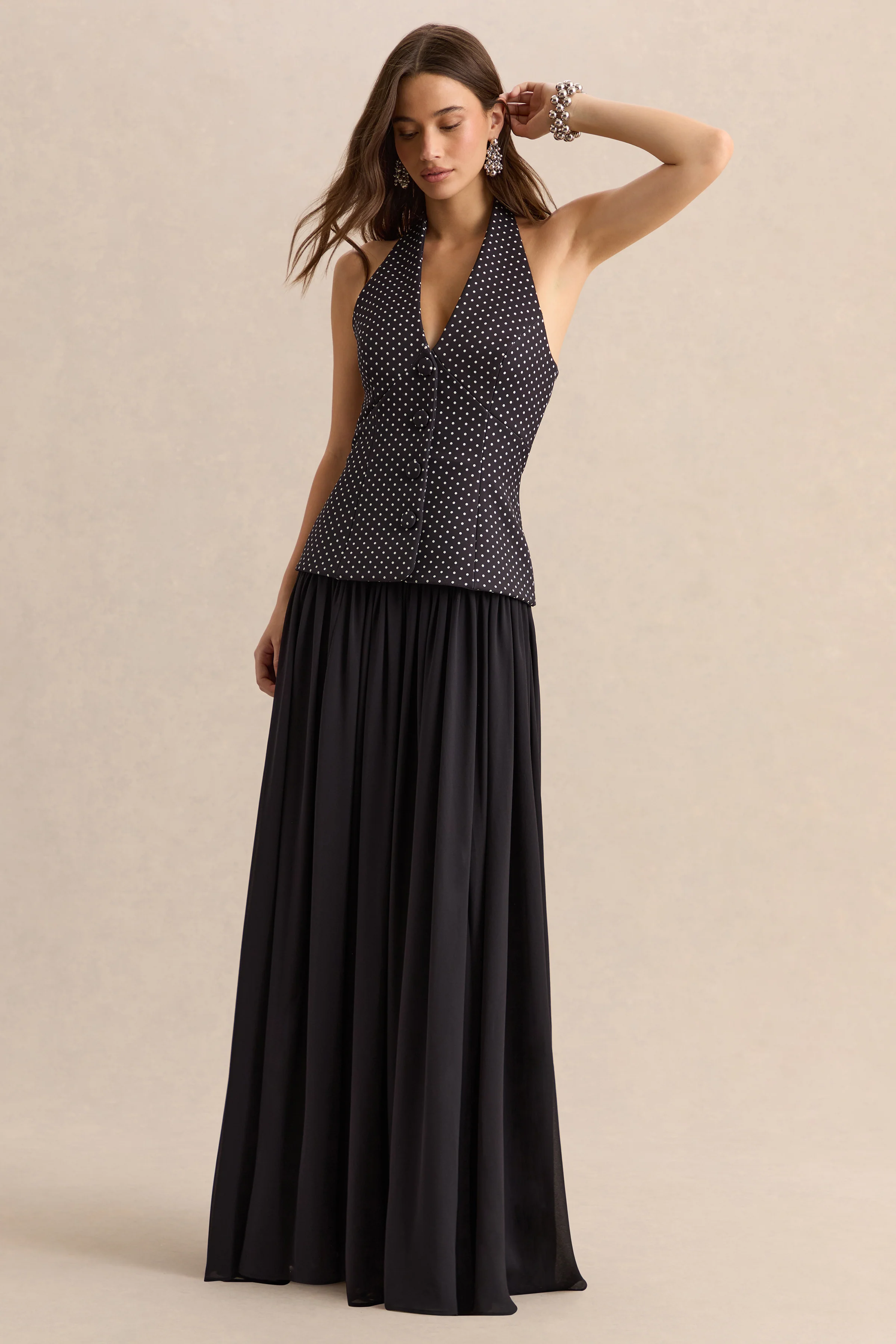 Zarina | Black & White Polka-Dot Plunge-Neck Maxi Dress