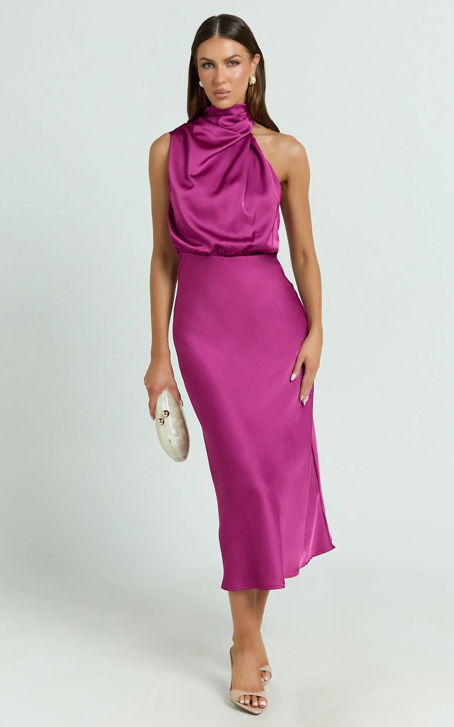 Minnie Midi Dress - Drape Neck Satin Slip Dress in Purple