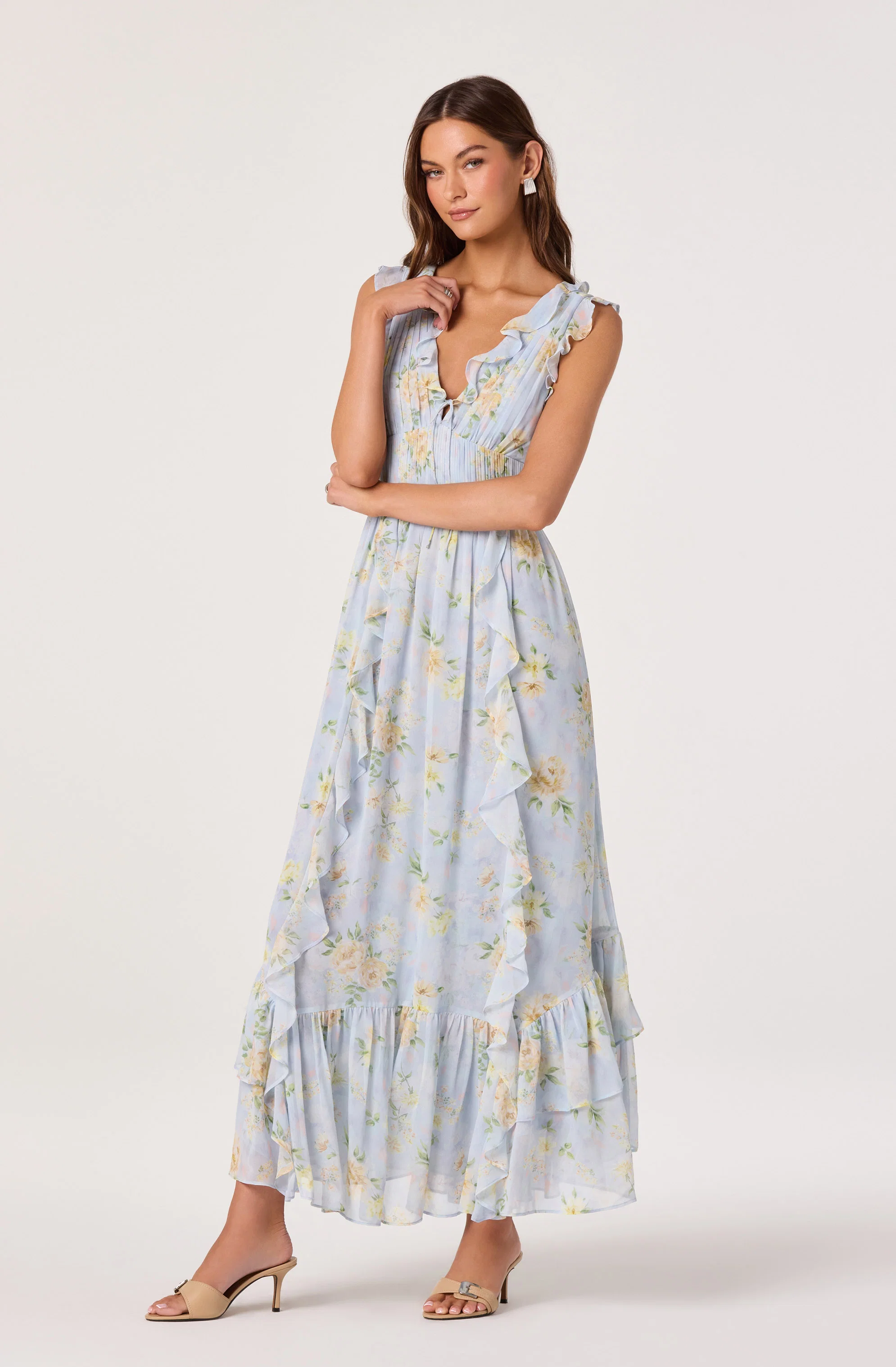 Kindra Ruffle Deep-V Maxi Dress