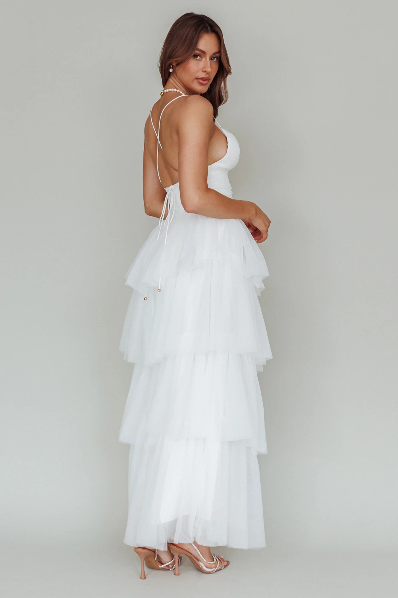 Nightingale Tiered Mesh Maxi Dress White