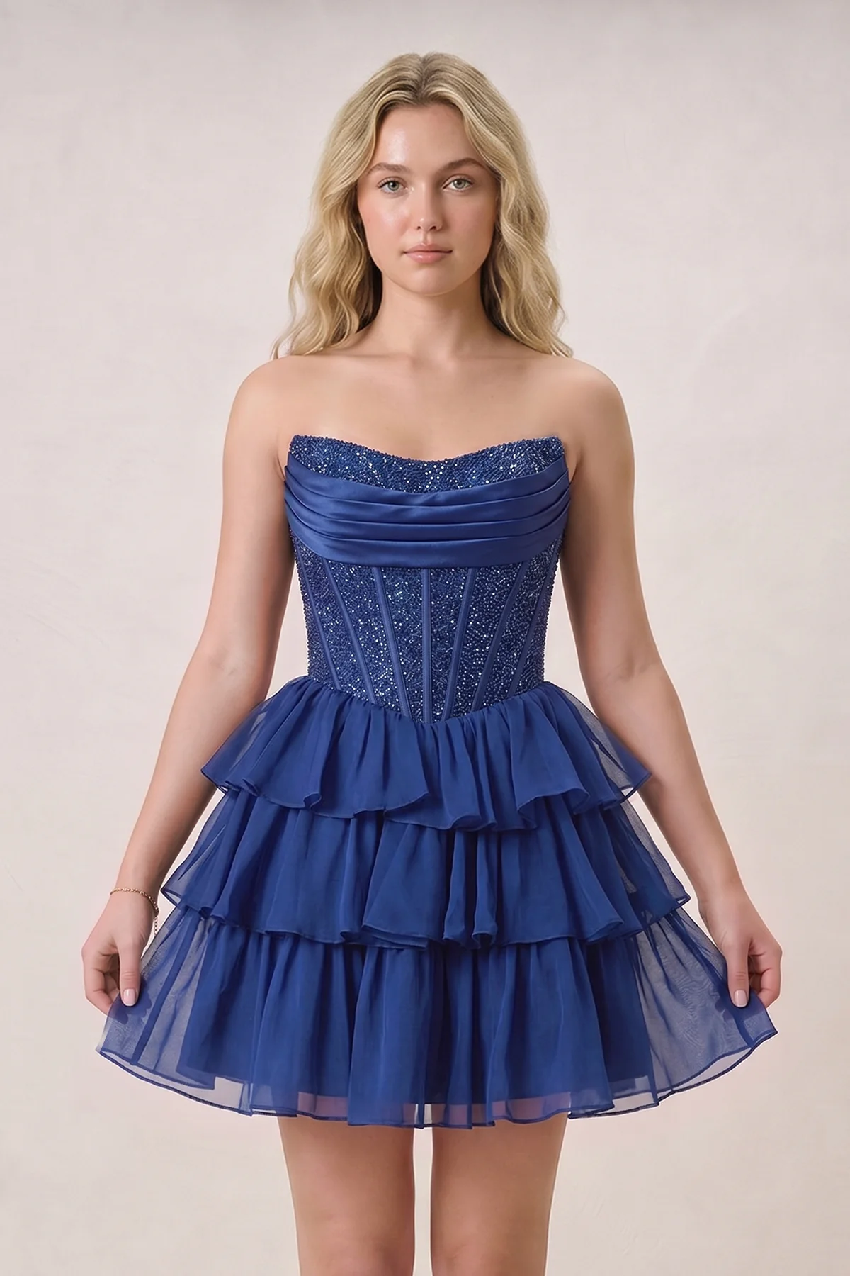 Navy Blue - Strapless A Line Chiffon Beaded Homecoming Dress With Ruffles