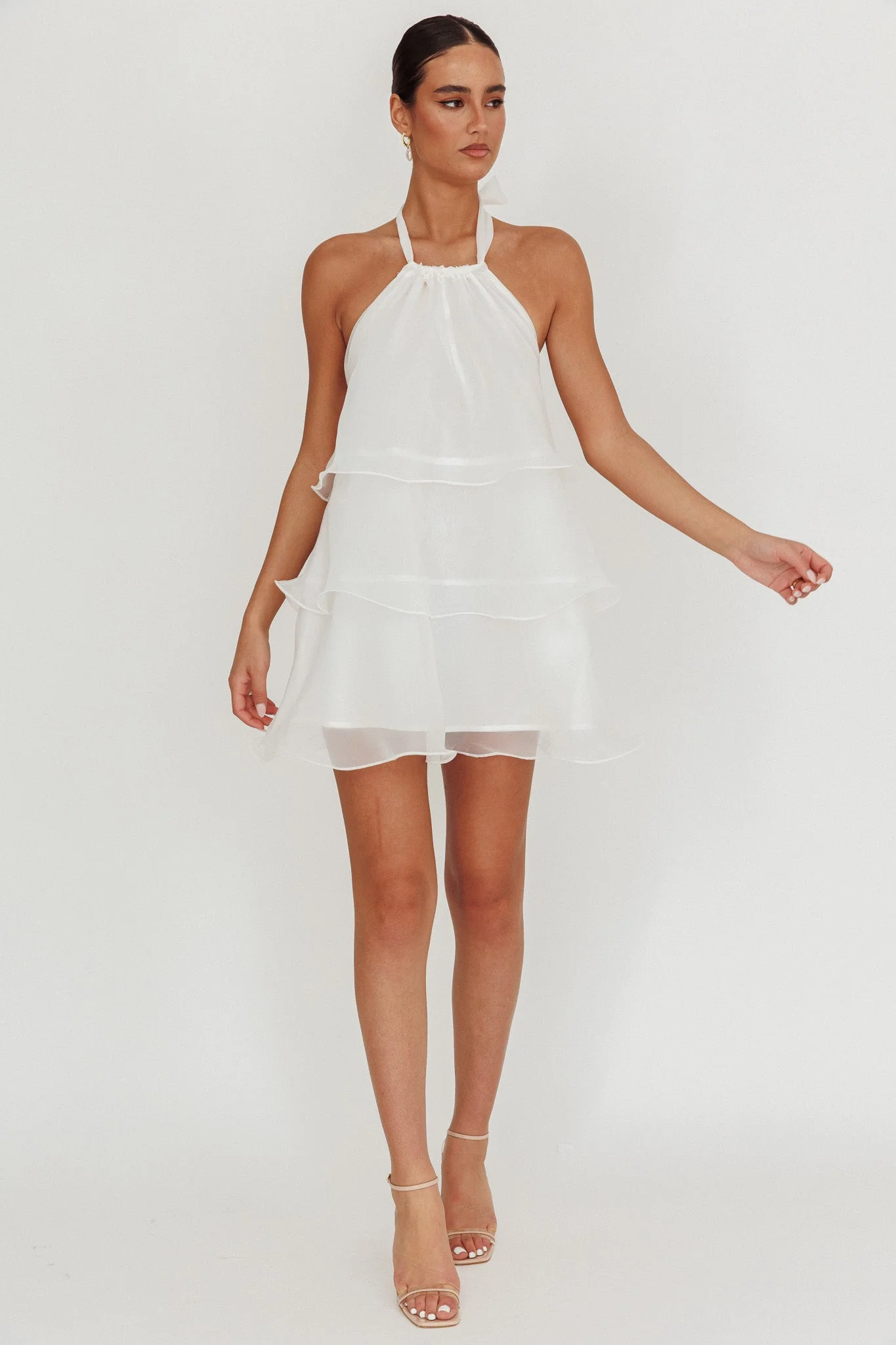 Tulips Tiered Halterneck Mini Dress White - luluinthesky