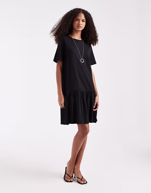Pieces drop waist short sleeve mini dress in black