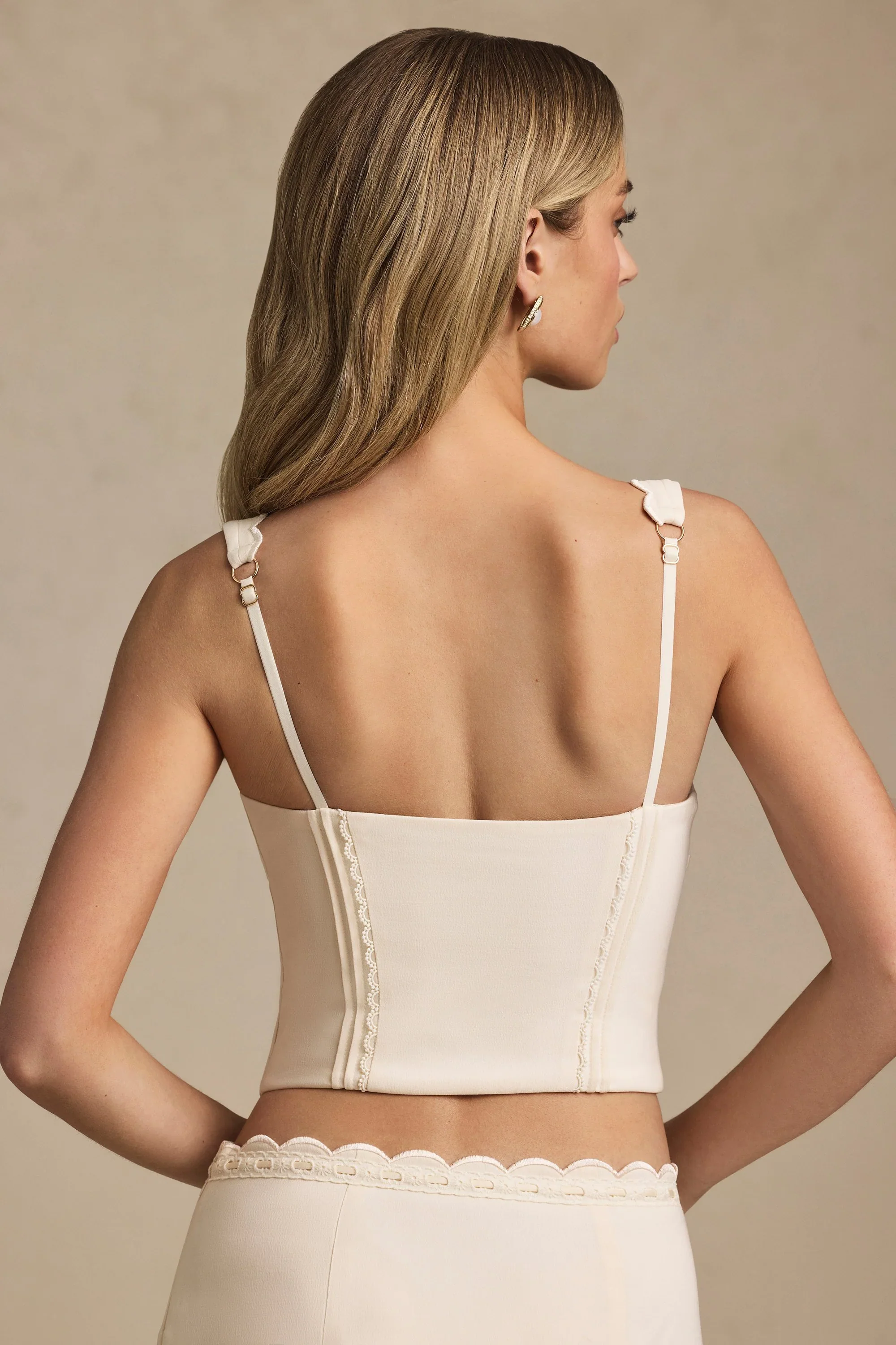 Plunge-Neck Scalloped Corset Top in Ivory