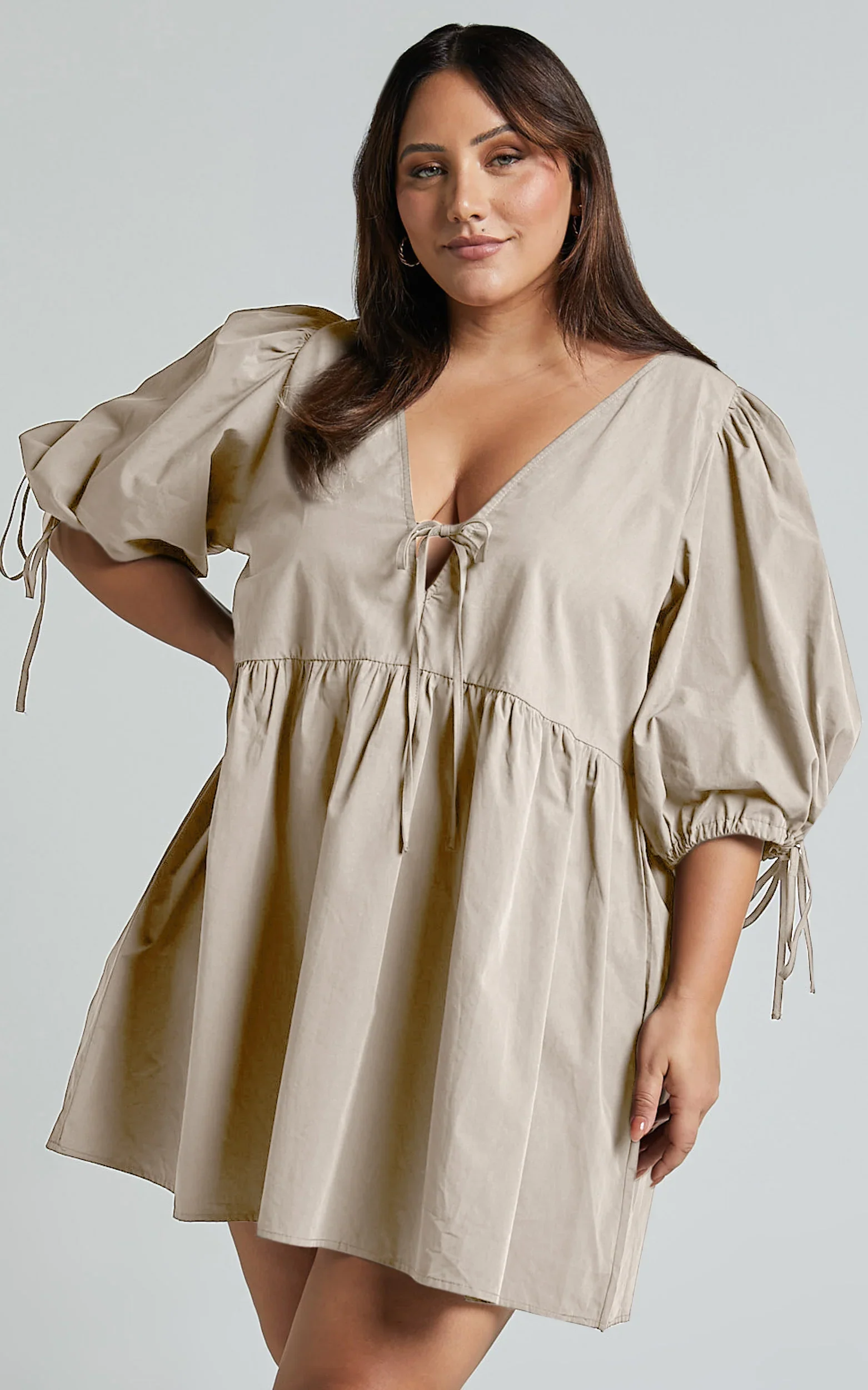 Rosita Mini Dress - Tie Front Puff Sleeve Dress in Stone