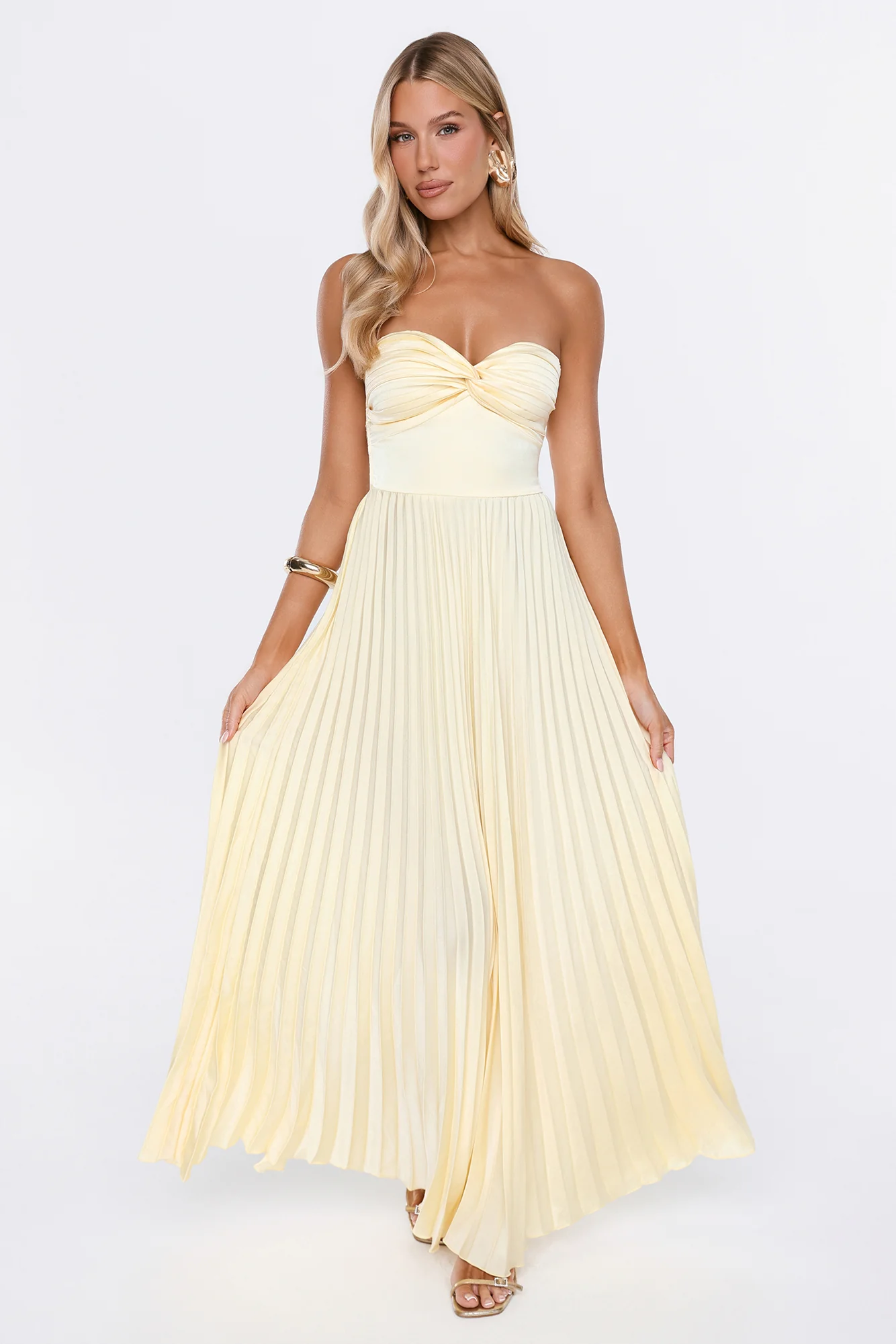 Dress Society Satin Pleated Strapless Maxi Dress Yellow
