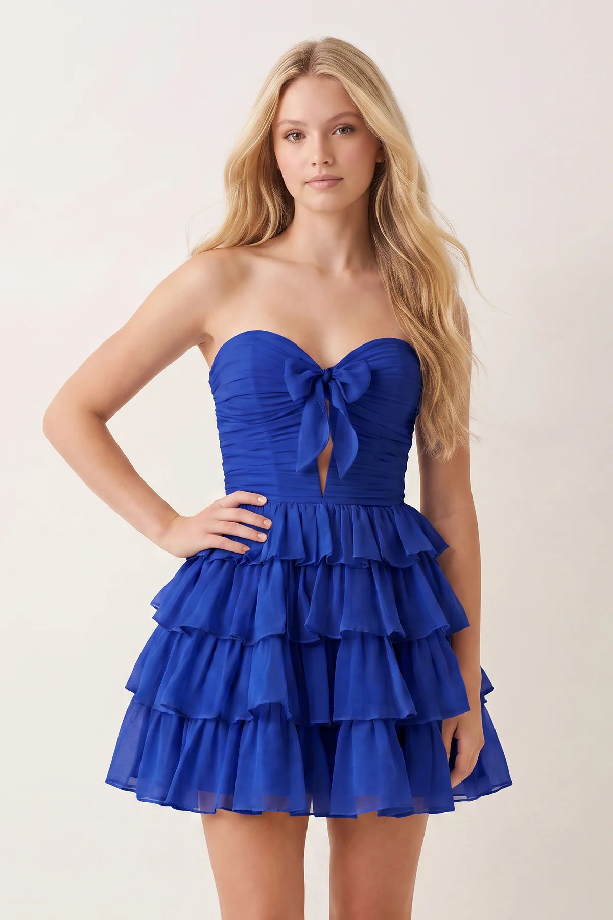 Yellow Strapless A Line Chiffon Ruffled Cocktail Dresses With Bow