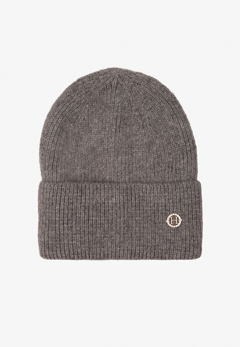 Szara Czapka Beanie z Dodatkiem Angory i Metaliczną Aplikacją Delathor