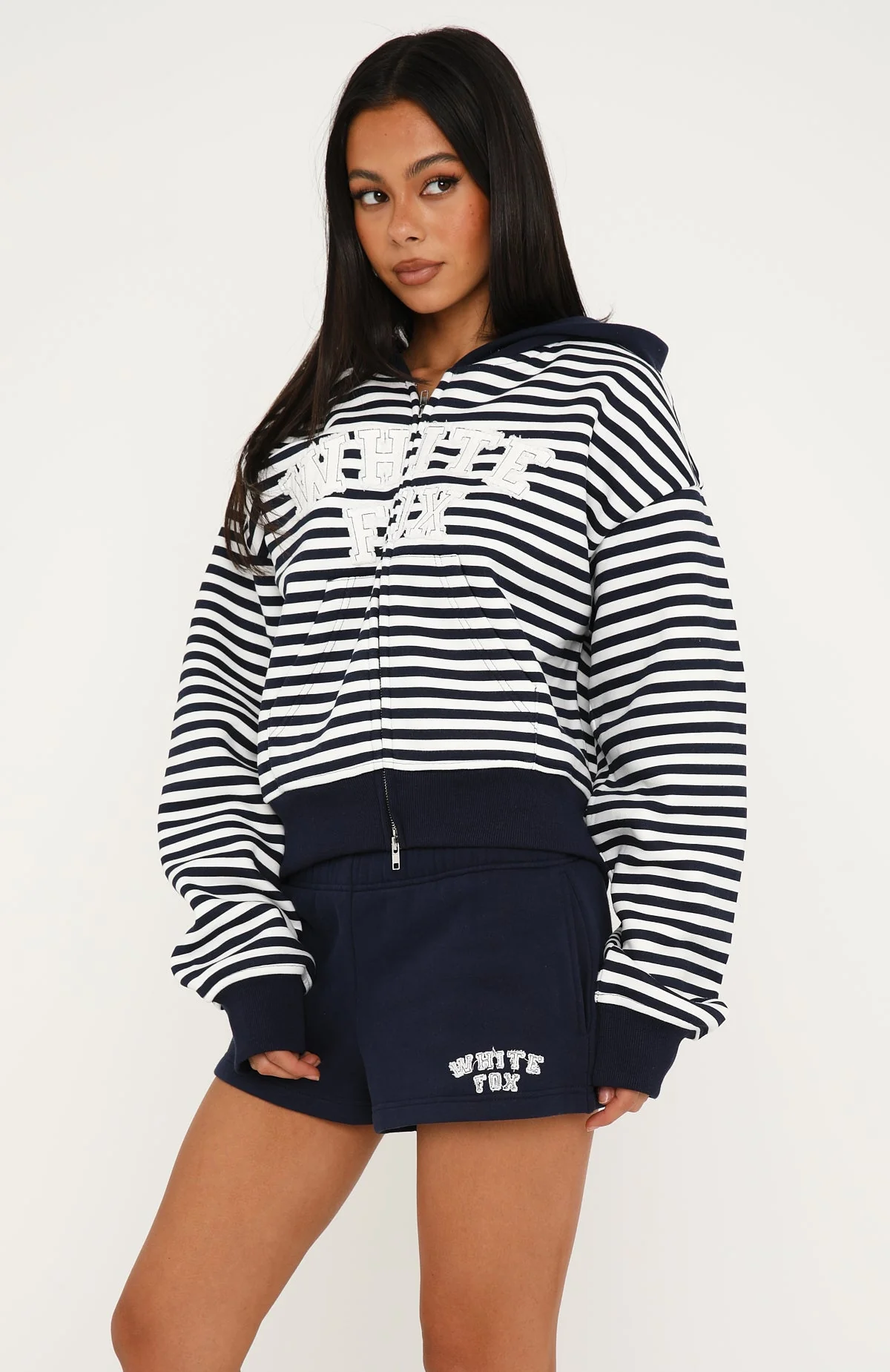Soft Vibe Boxy Zip Front Hoodie Navy / White Stripe