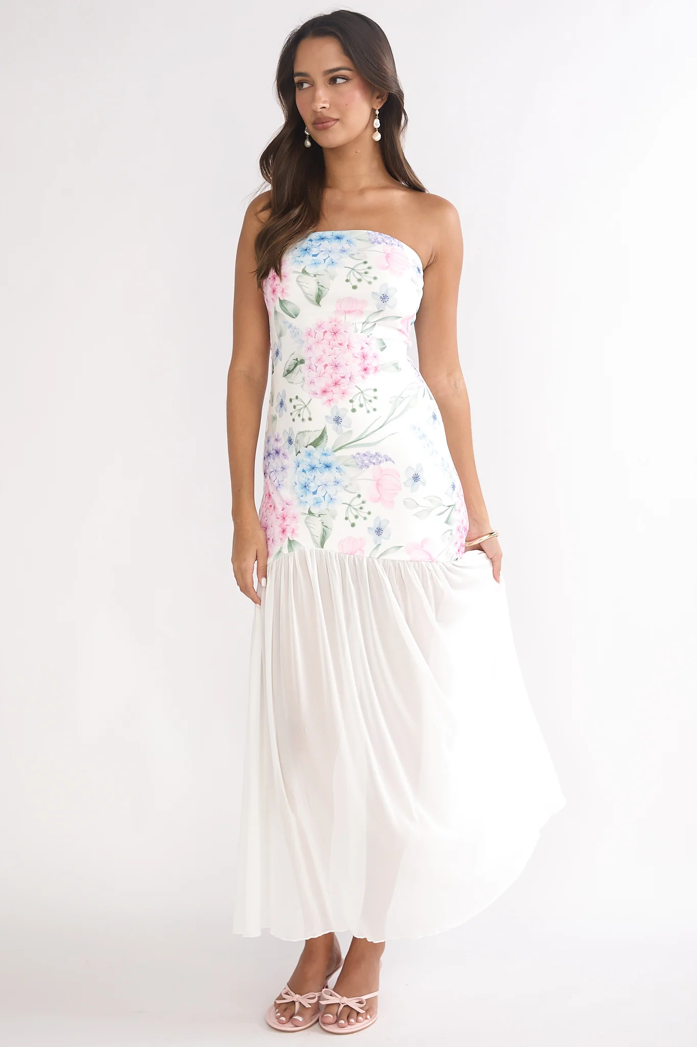 Wilma Sheer Hem Strapless Maxi Dress Flowers Blue - luluinthesky