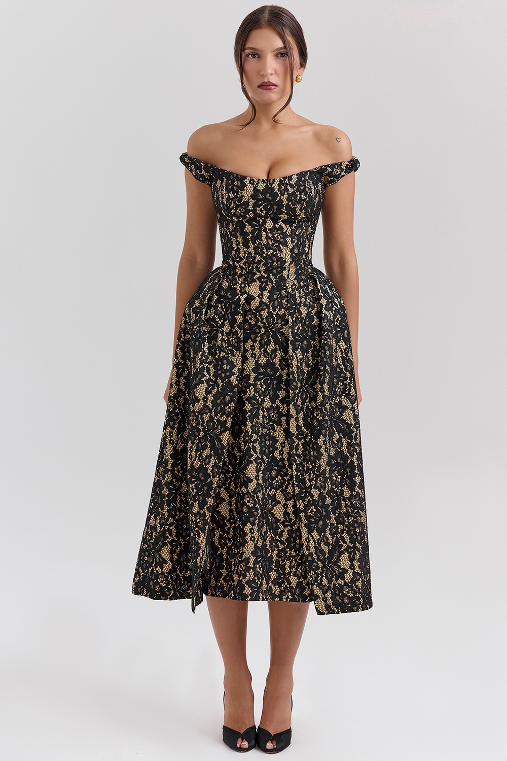 Black Gold Lace Off Shoulder Midi Gown