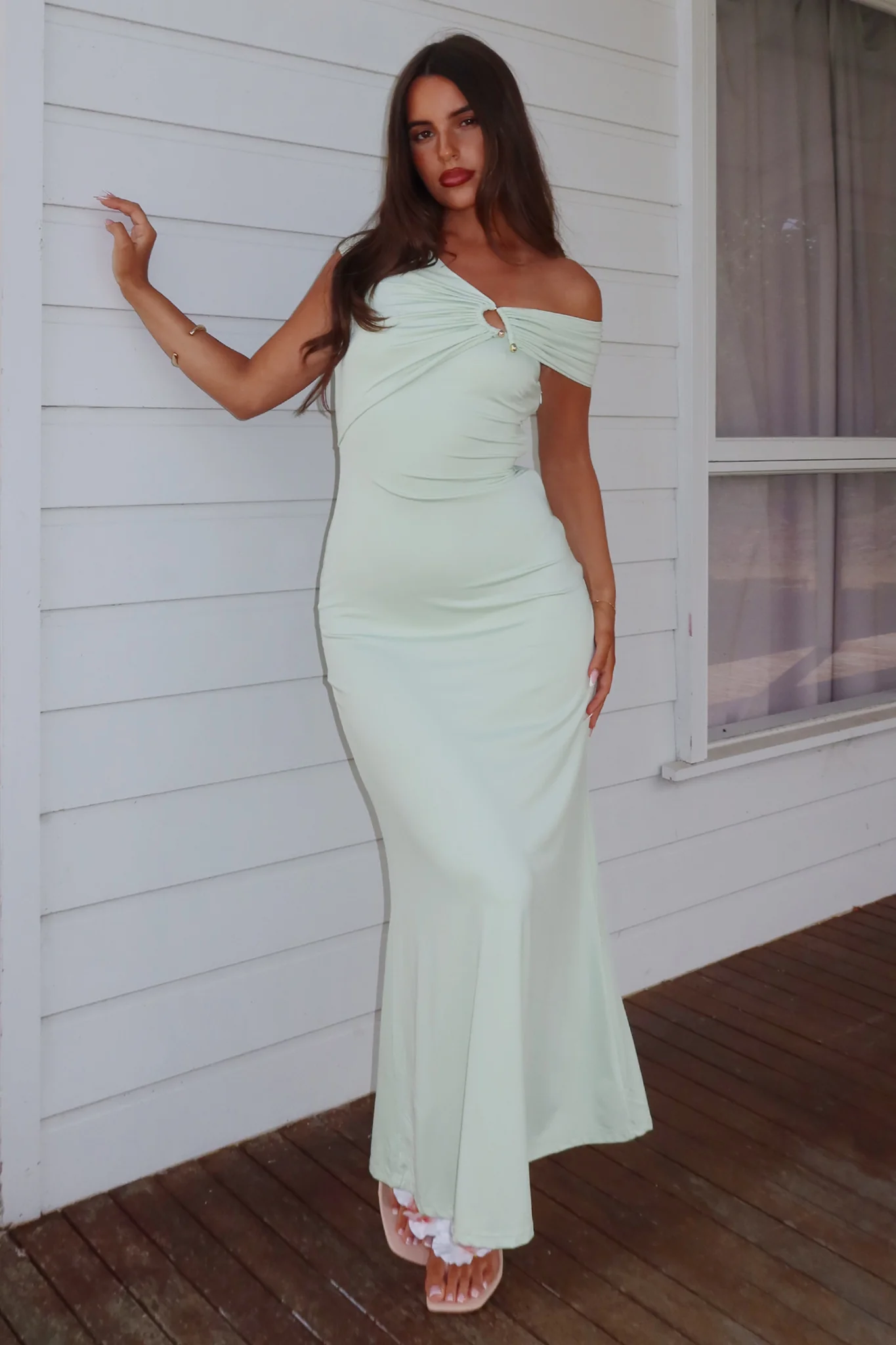Tilda Asymmetric Neckline Maxi Dress Sage - luluinthesky