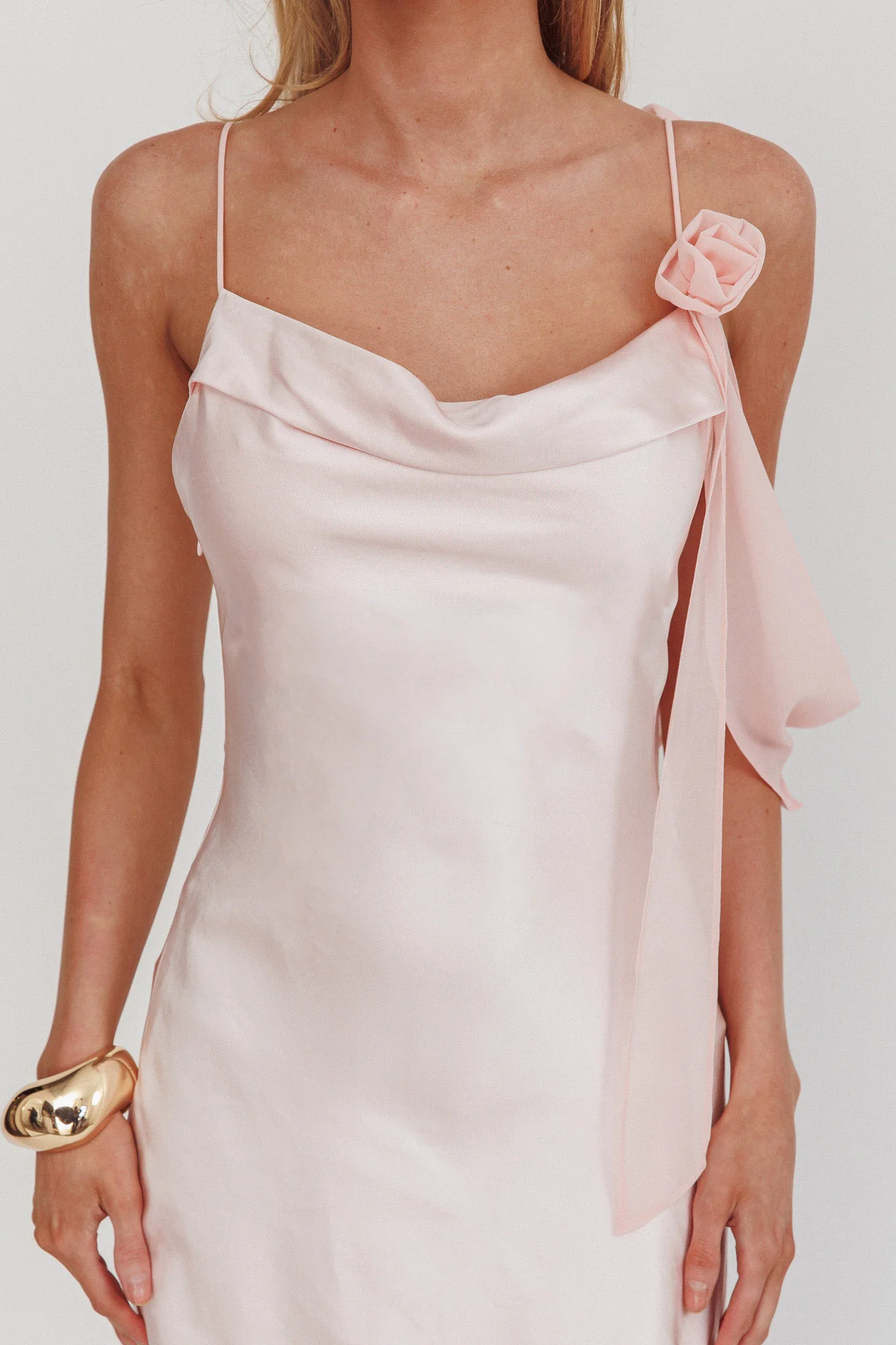 Gilded Dream Shoulder Detail Chiffon Hem Maxi Dress Blush