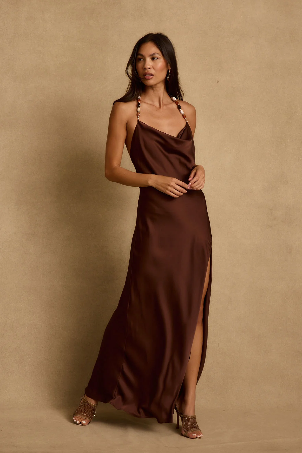 Fina Mocha Satin Maxi Dress