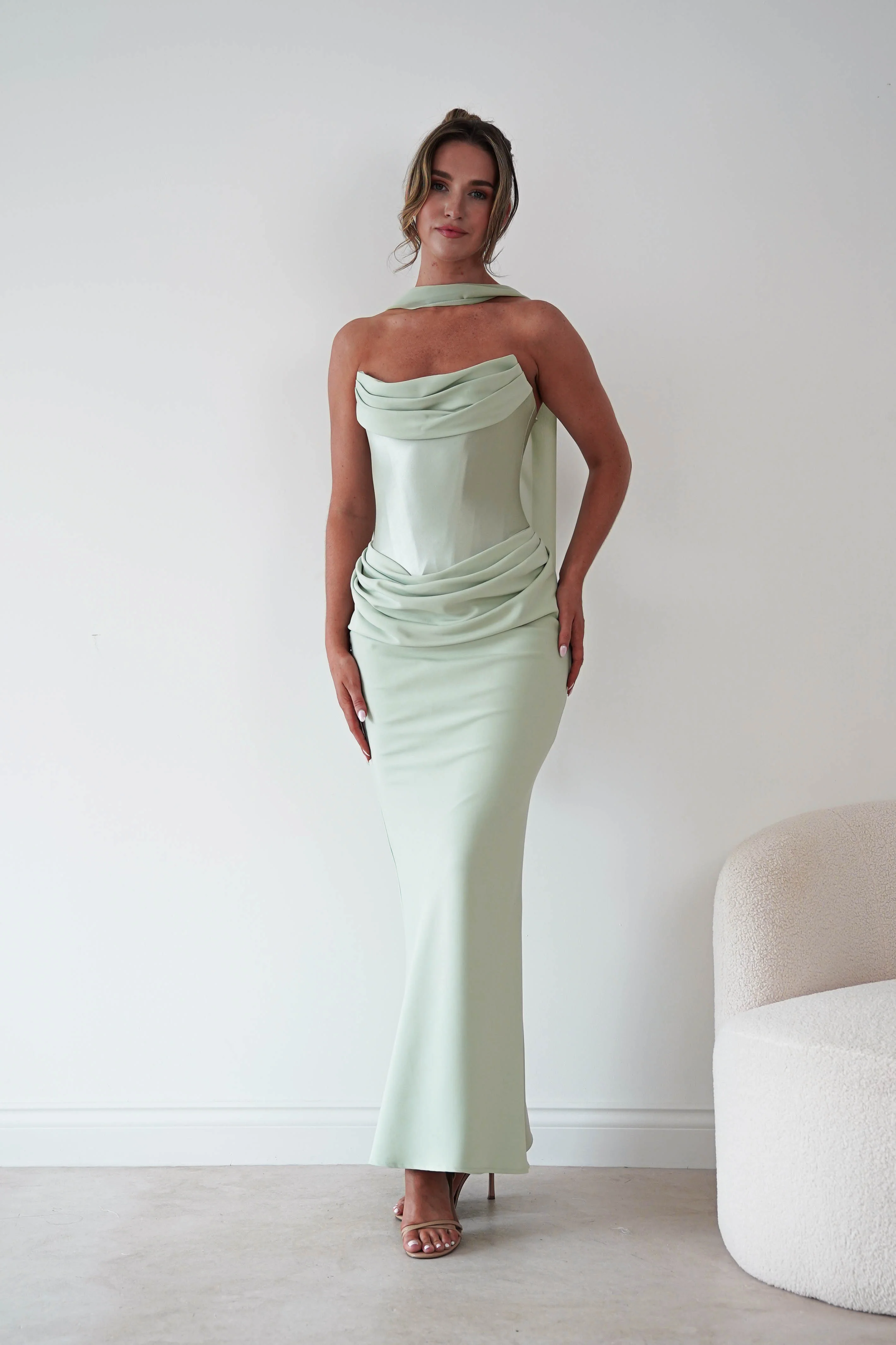 Kailani Strapless Ruched Maxi Dress | Sage