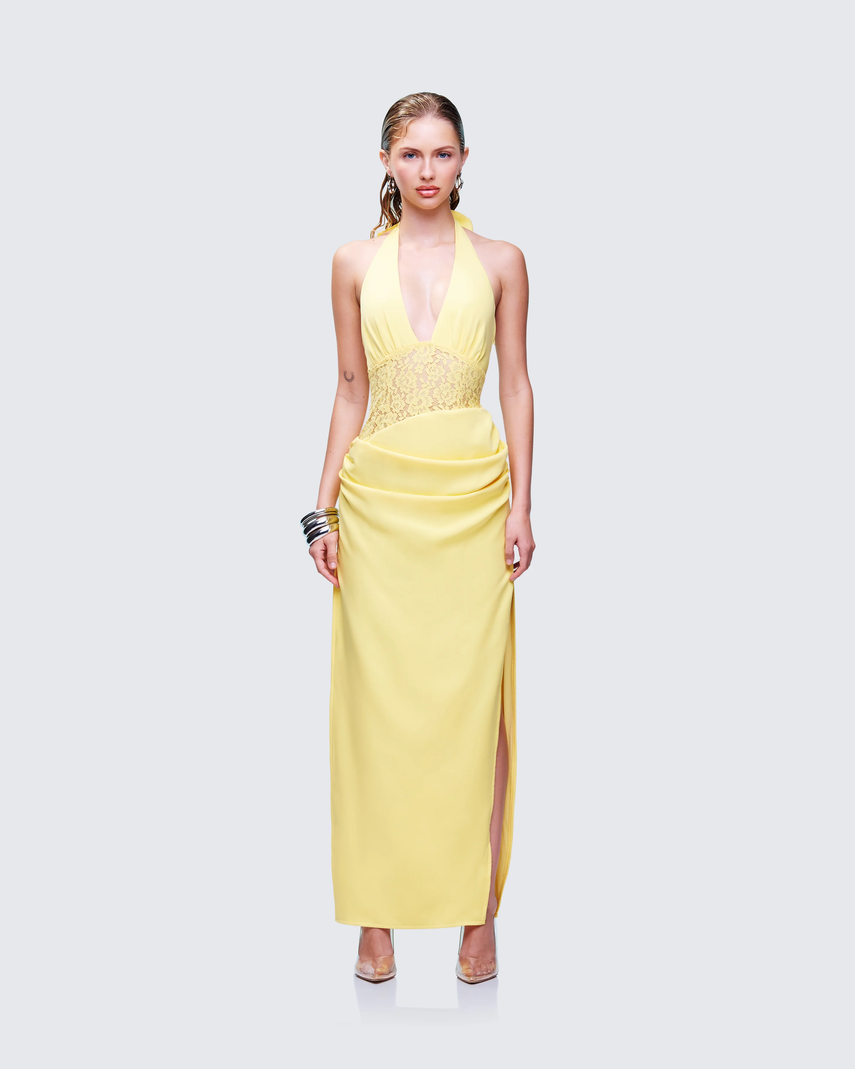 Lenora Yellow Lace Detail Maxi Dress