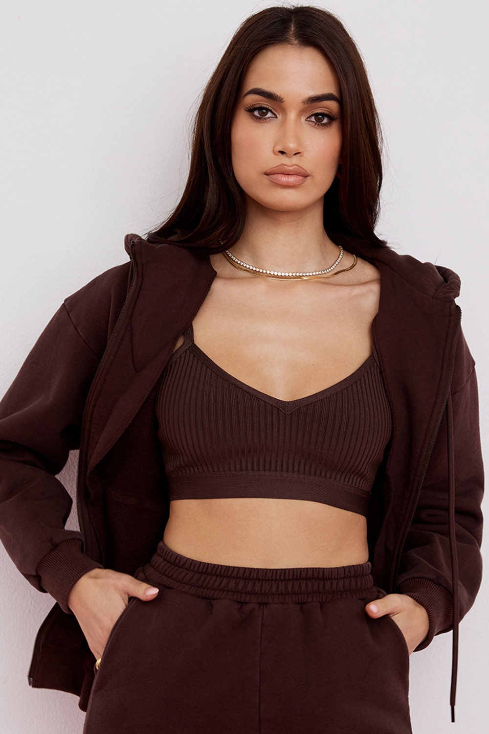 chocolate cotton fleece-back zip through hoodie