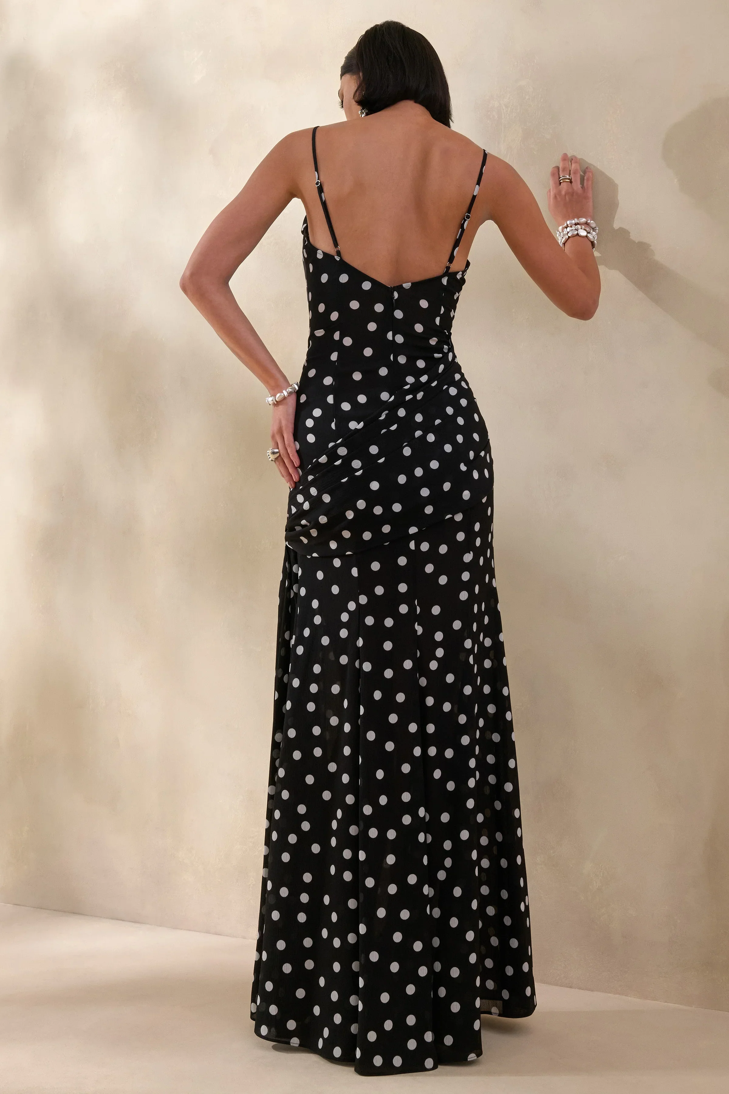 Virtue | Black & White Polka Dot Cowl-Neck Fishtail Maxi Dress With Split