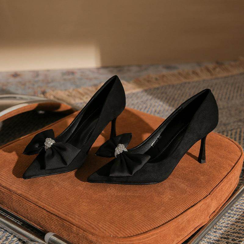 Black Suede Bowknot Pointy Stiletto Heels 746813568399