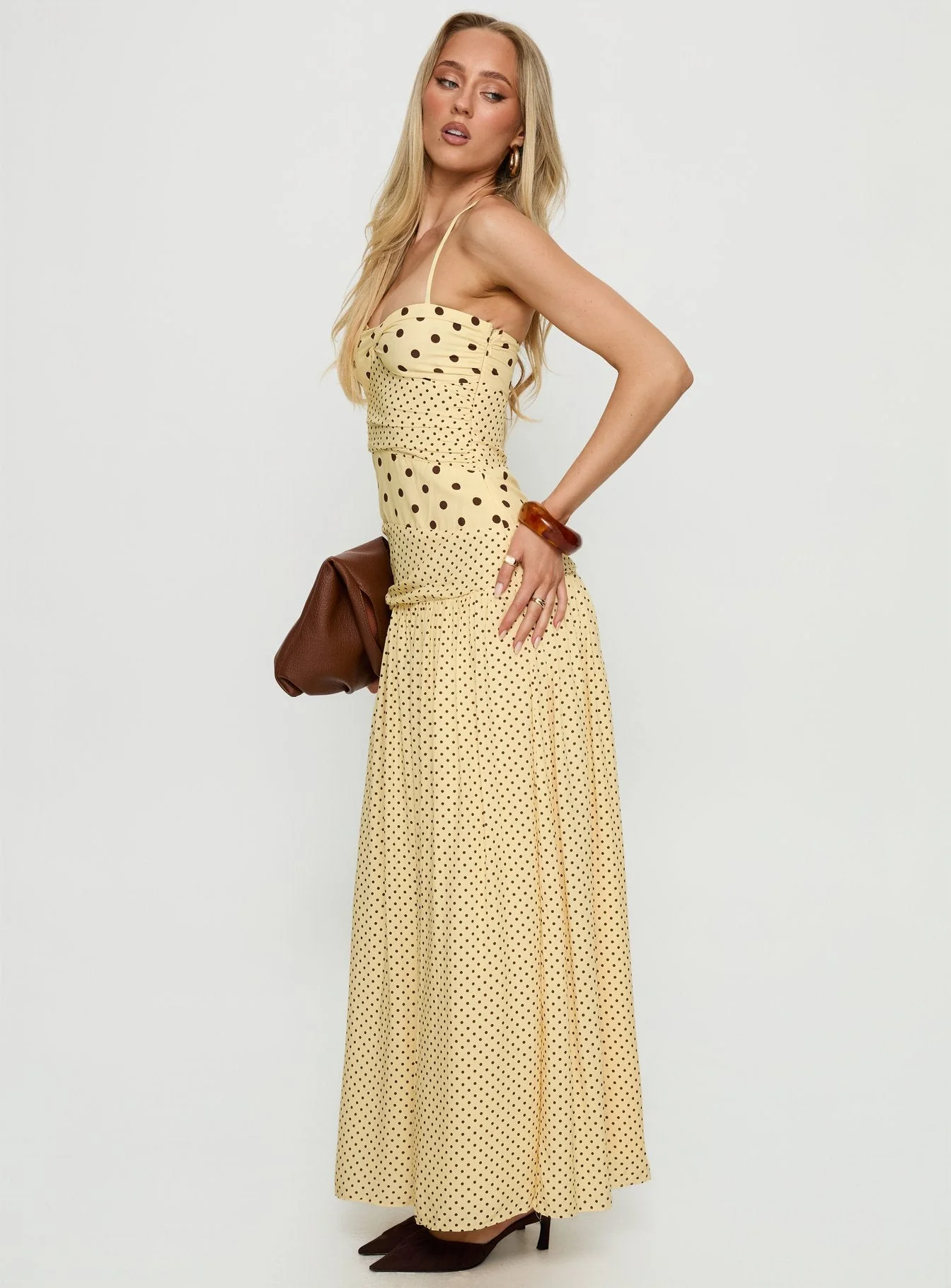 Marguerite Halter Maxi Dress Lemon / Brown Polka Dot