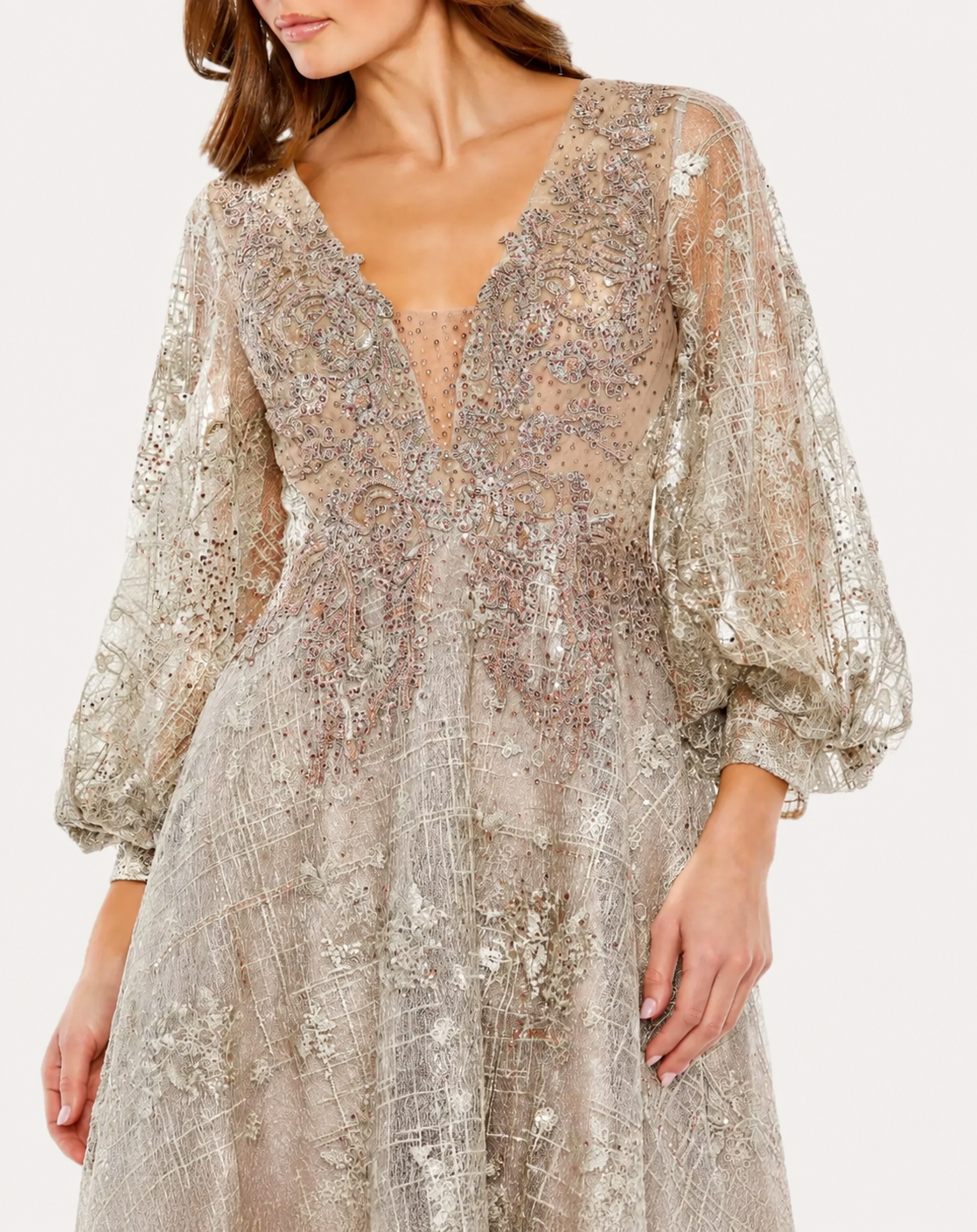 Beige Embellished Plunge Neck Bishop Sleeve Dress
