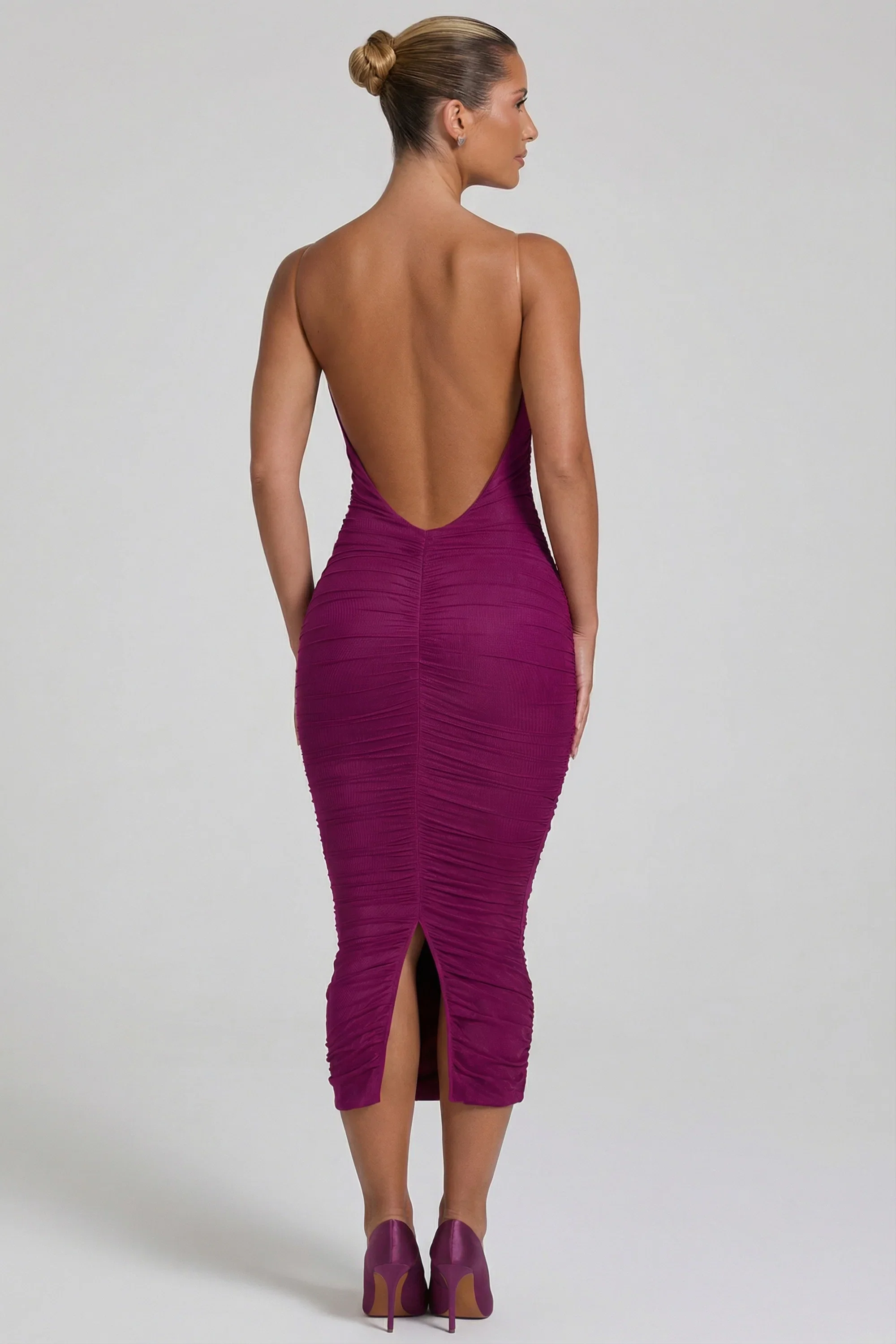 Ruched Backless Bodycon Midaxi Dress in Plum