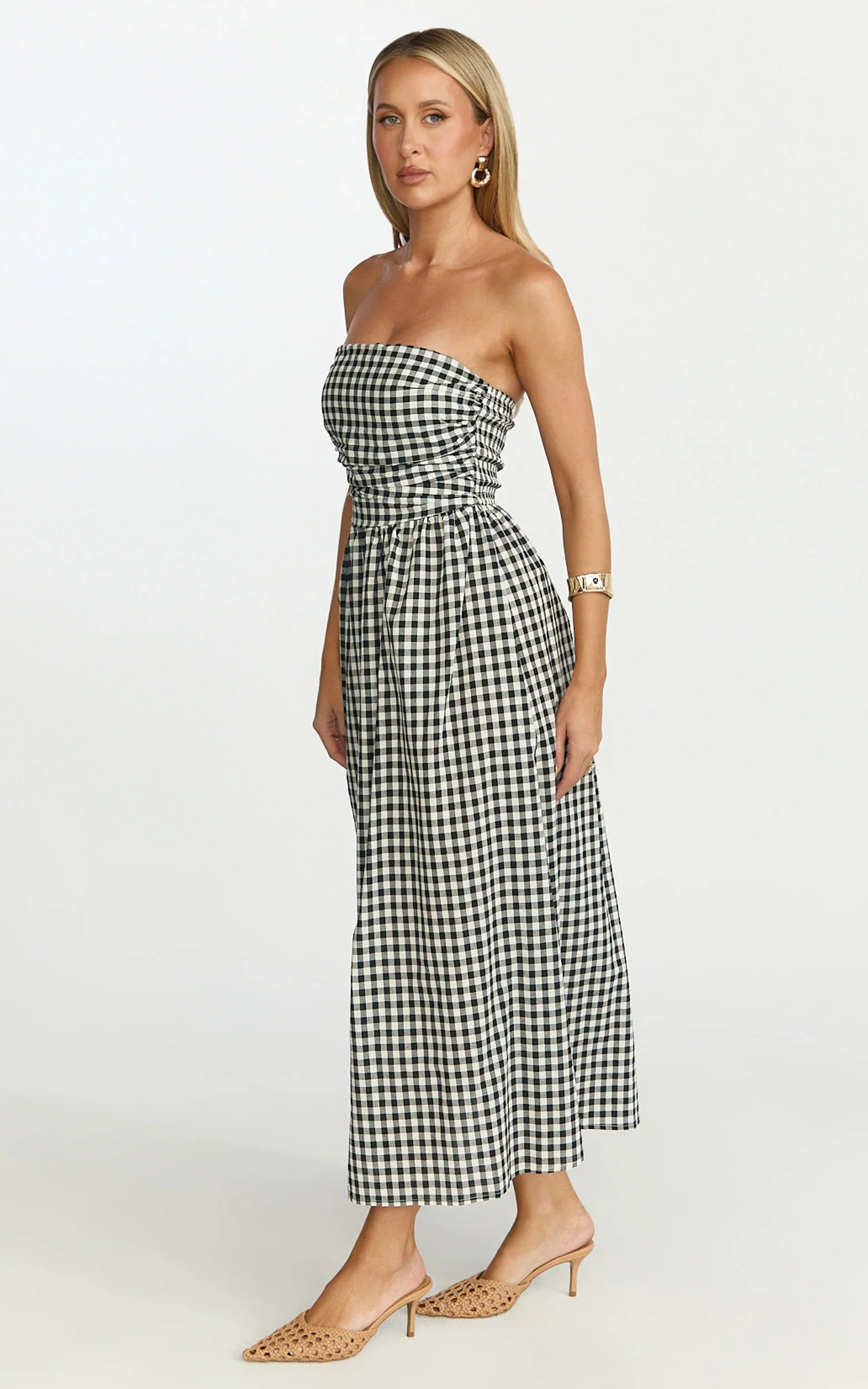 Polly Midi Dress - Strapless Ruched Dress in Black Check
