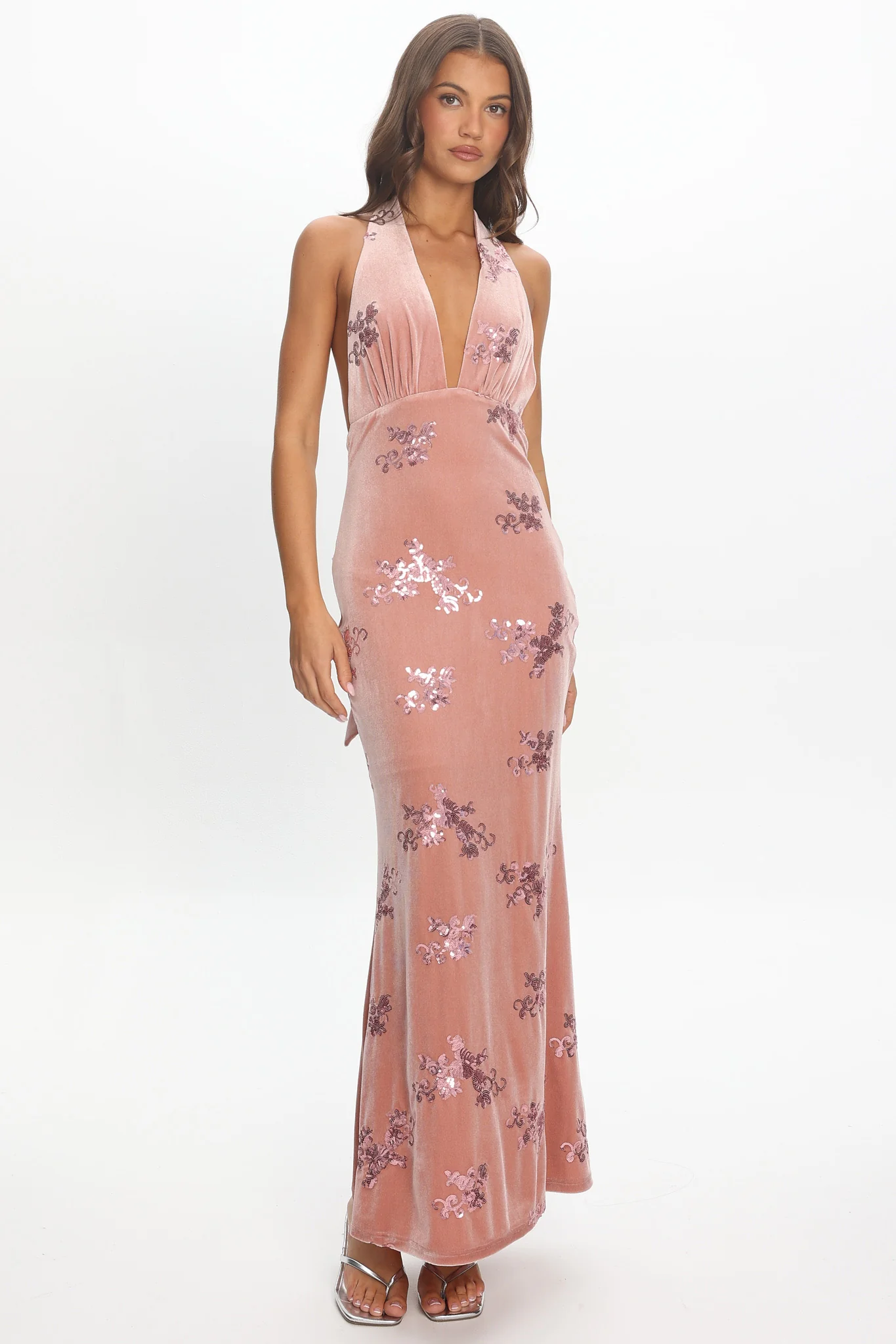 Annorah Halterneck Velvet Maxi Dress Sequin Blush