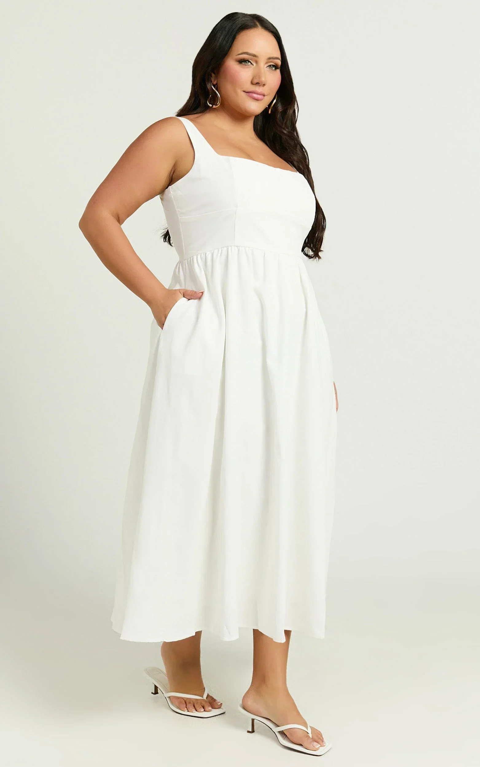Khari Midi Dress - Linen Look Square A Line Dress in White - luluinthesky