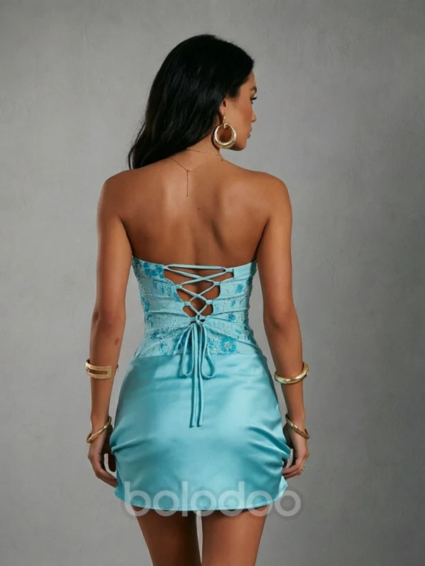BOLODOO Sky Blue Floral Sequin Corset Strapless Mini Dress with Lace-Up Back