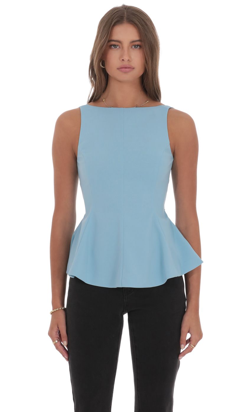 High Neck Back Bow Top in Light Blue