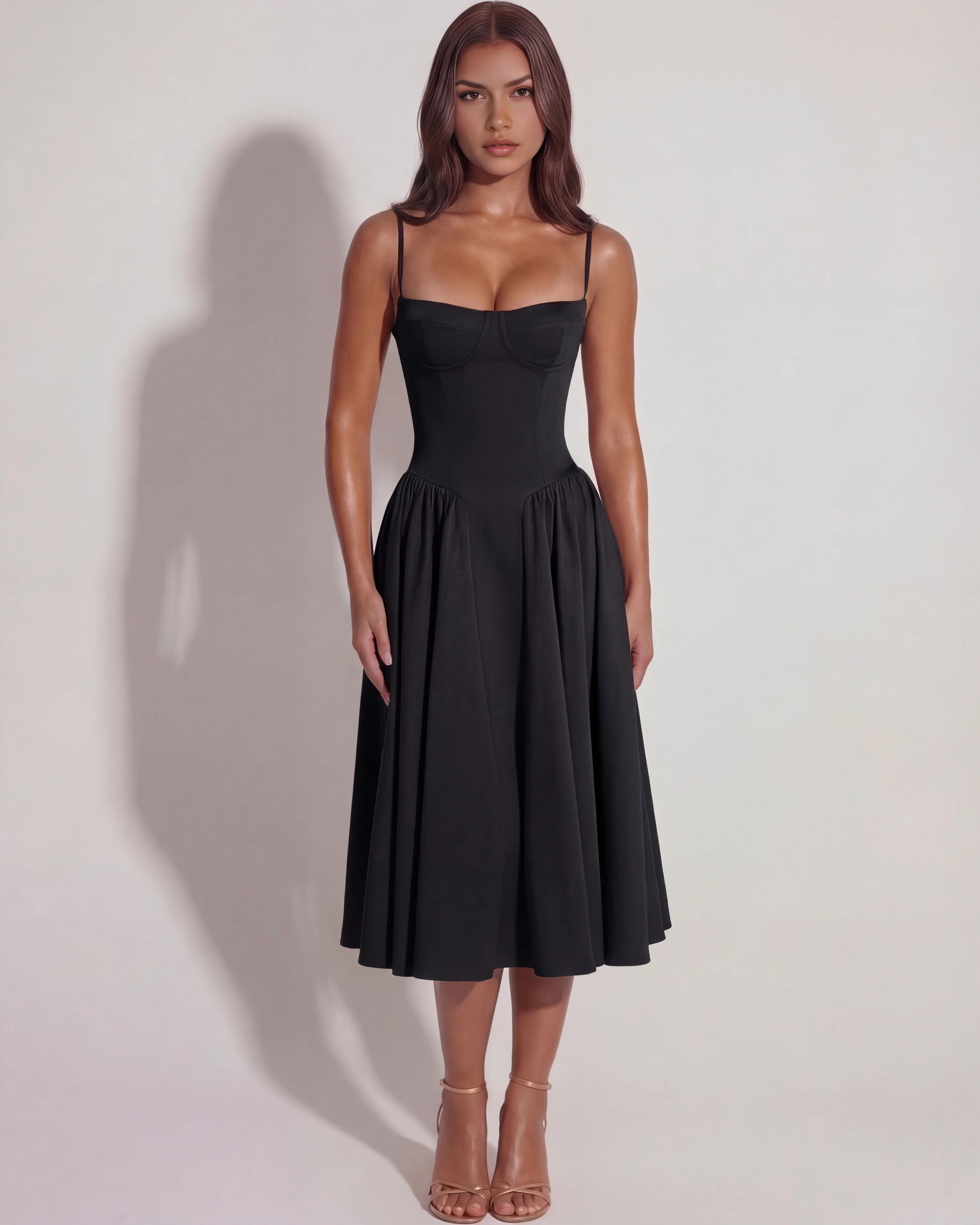 Black Midi Dress with Sweetheart Neckline and Hidden Pockets