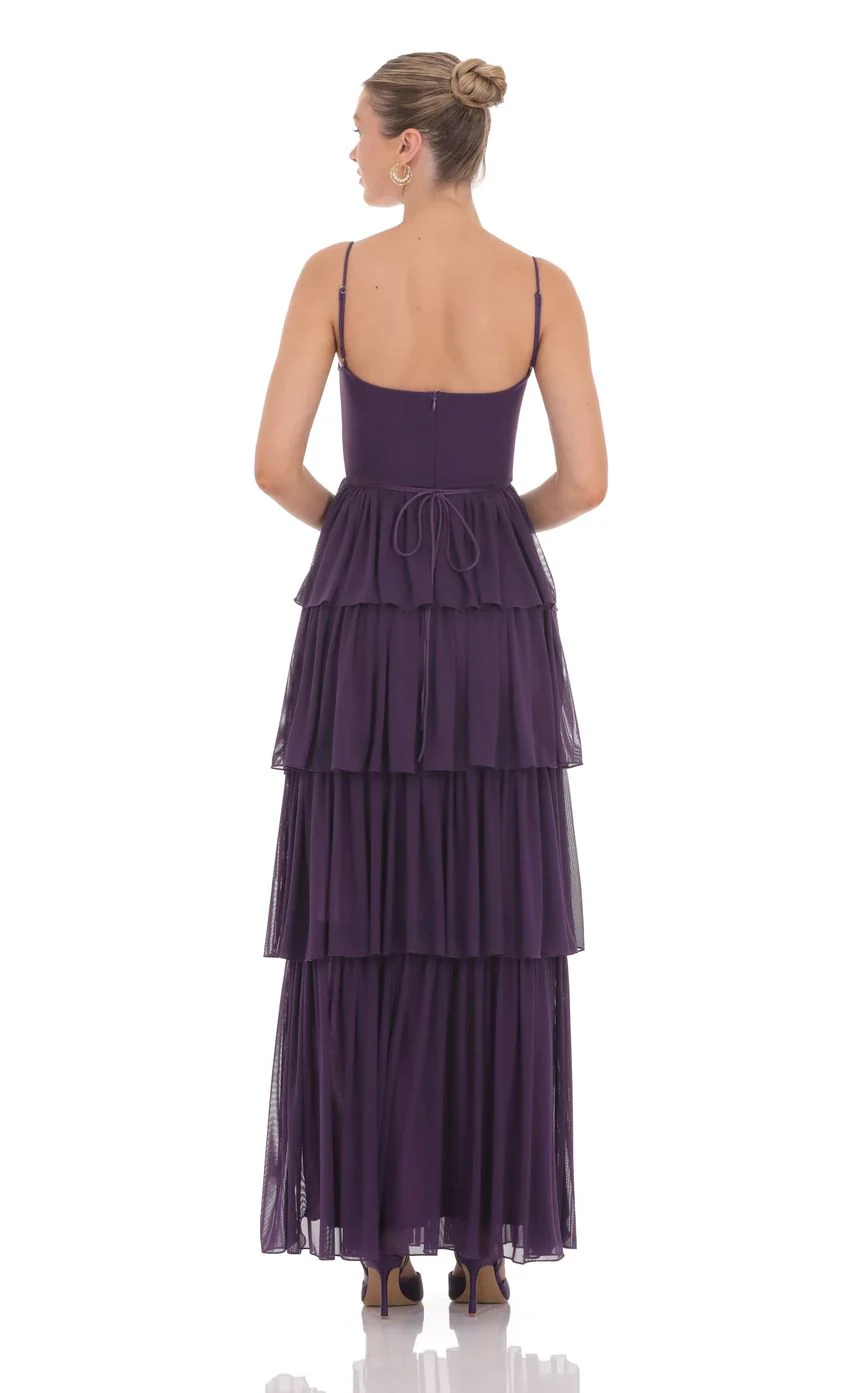 Mesh Ruffle Maxi Dress in Dark Purple