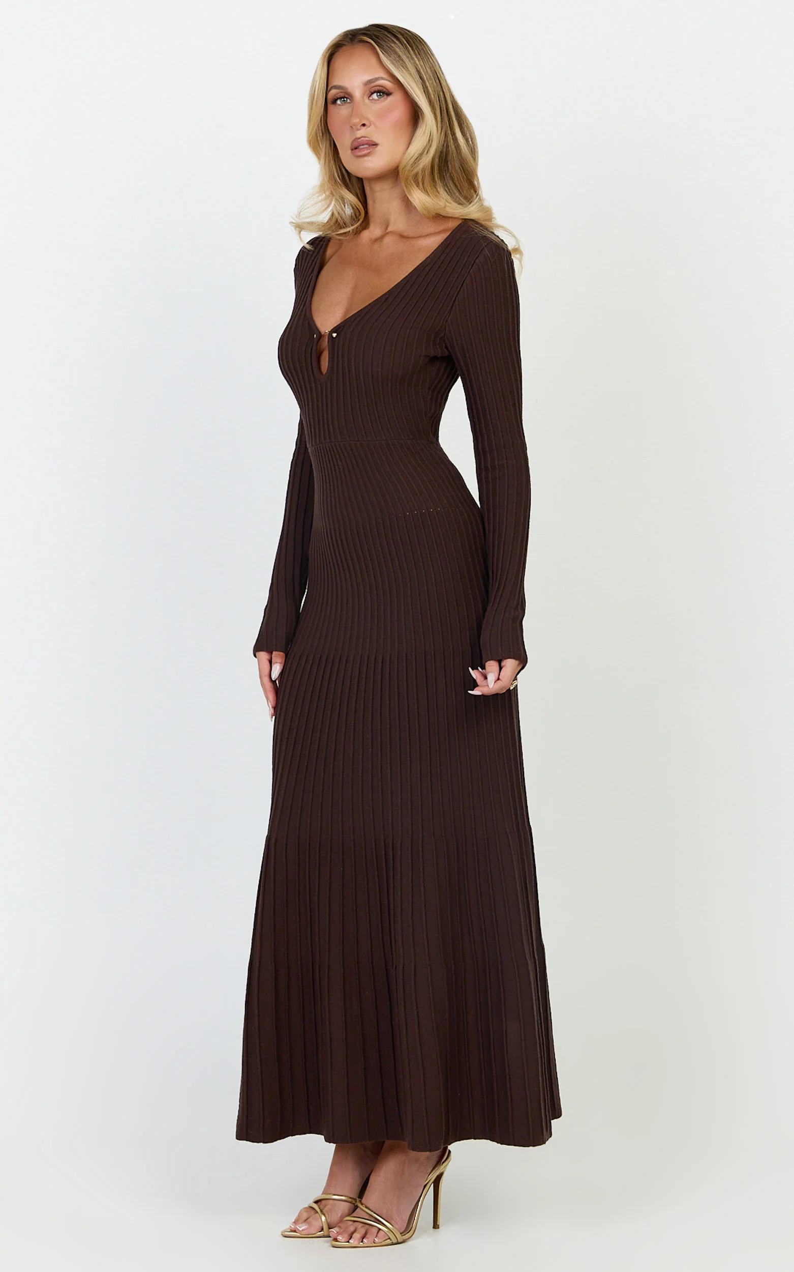 Maris Midi Dress - Keyhole and Hardware Neckline Long Sleeve Flared Dress in Choc