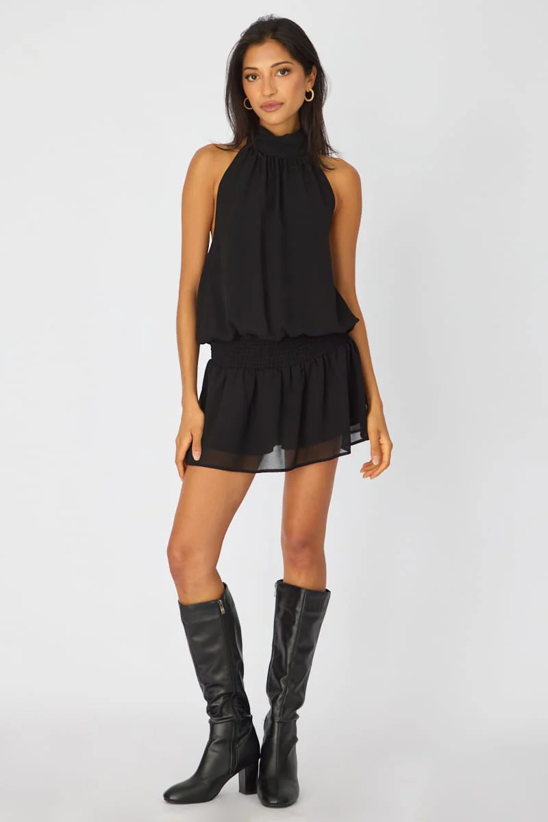 Black High Neck Dress Mini Chiffon