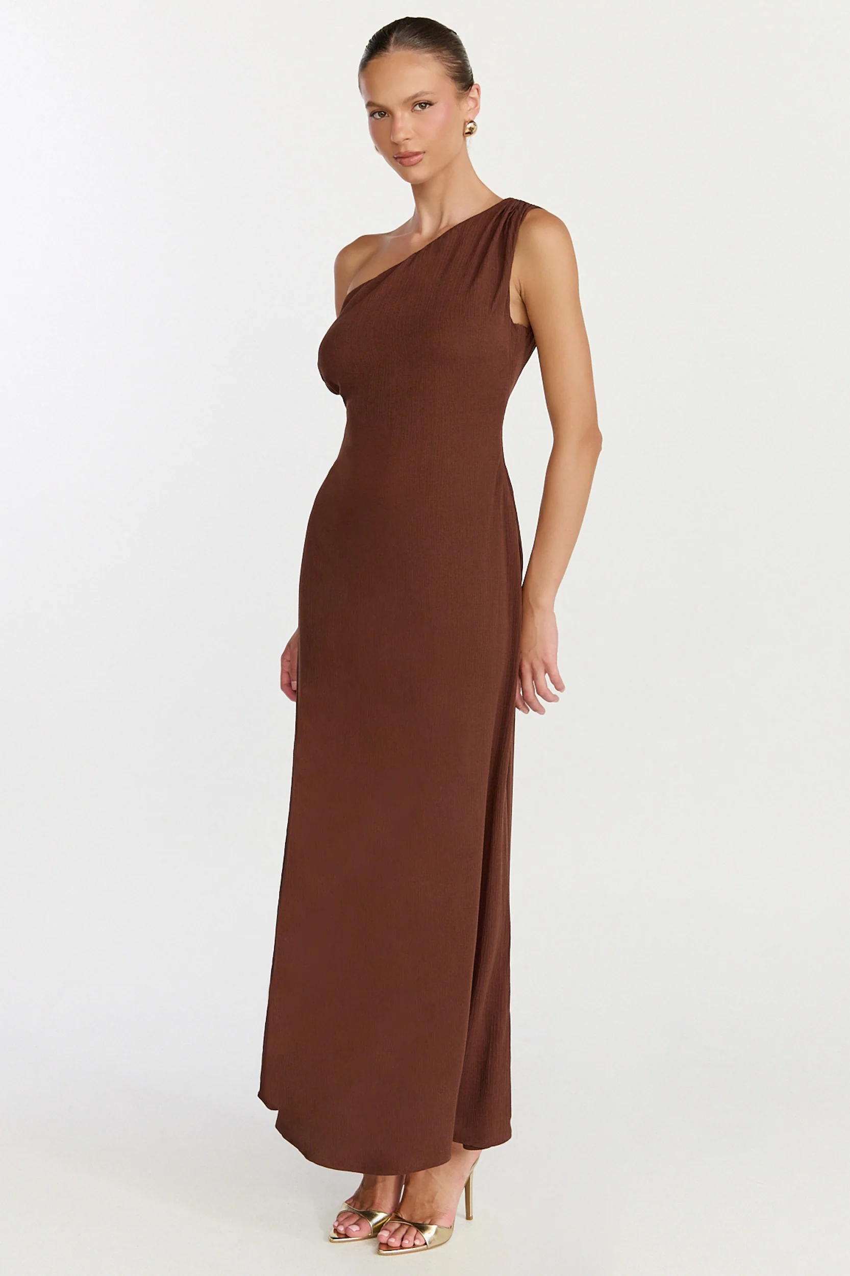 Aurelie Maxi Dress - Off Shoulder Column Dress in Chocolate