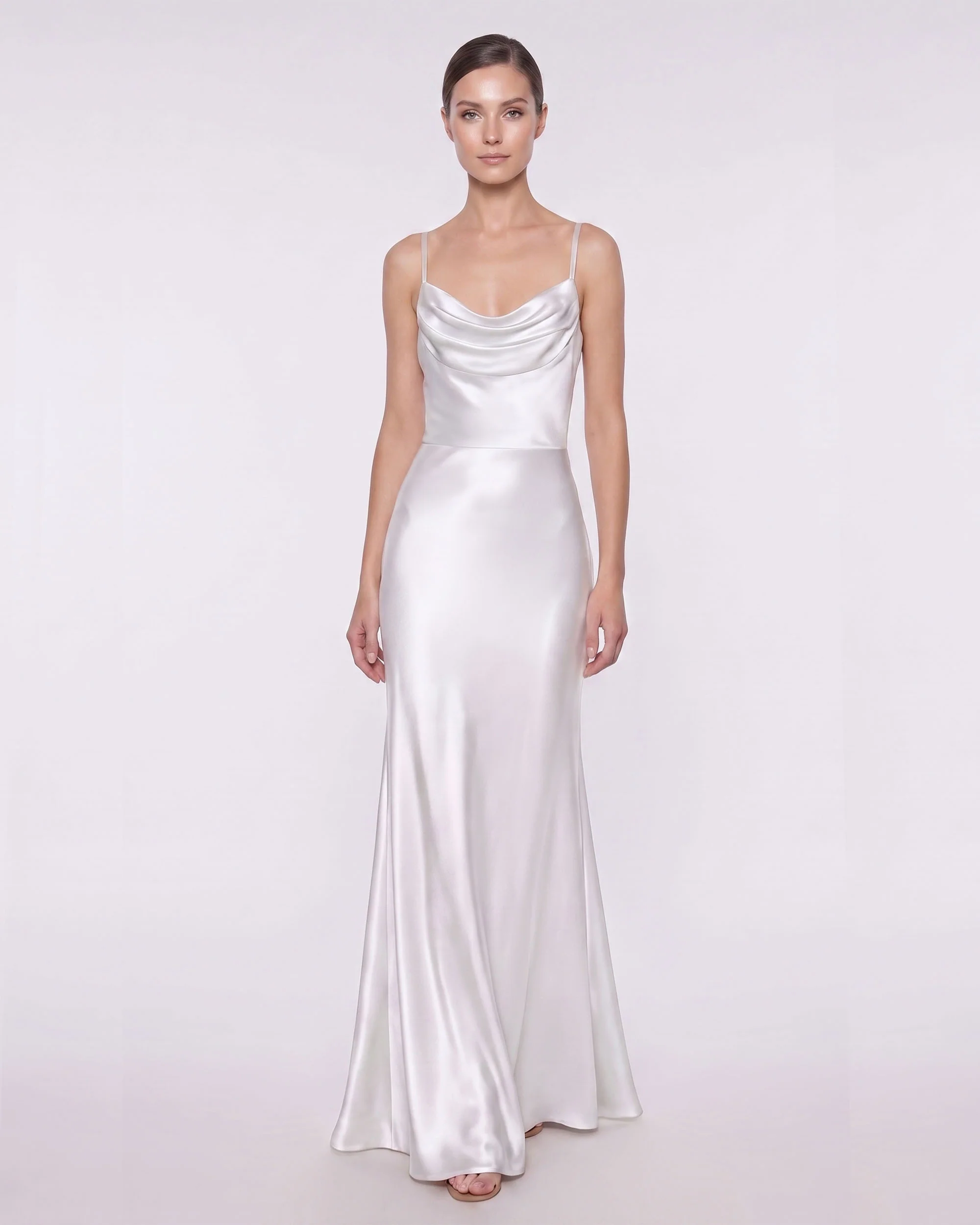 Satin Cowl Neck Spaghetti Strap Maxi Dress - White