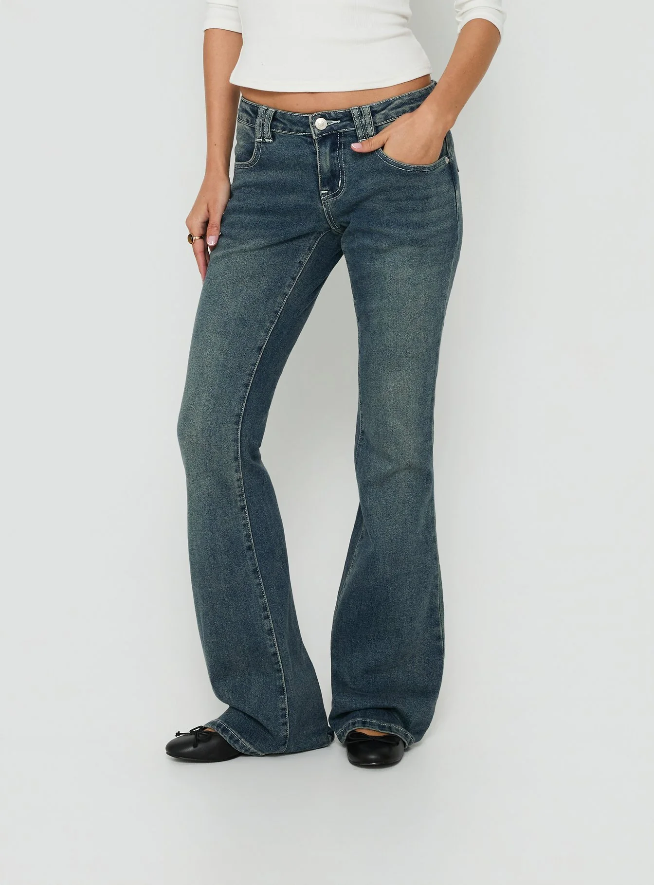 Clynee Ultra Low Rise Bootleg Jeans Dirty Blue - FASHION NOB