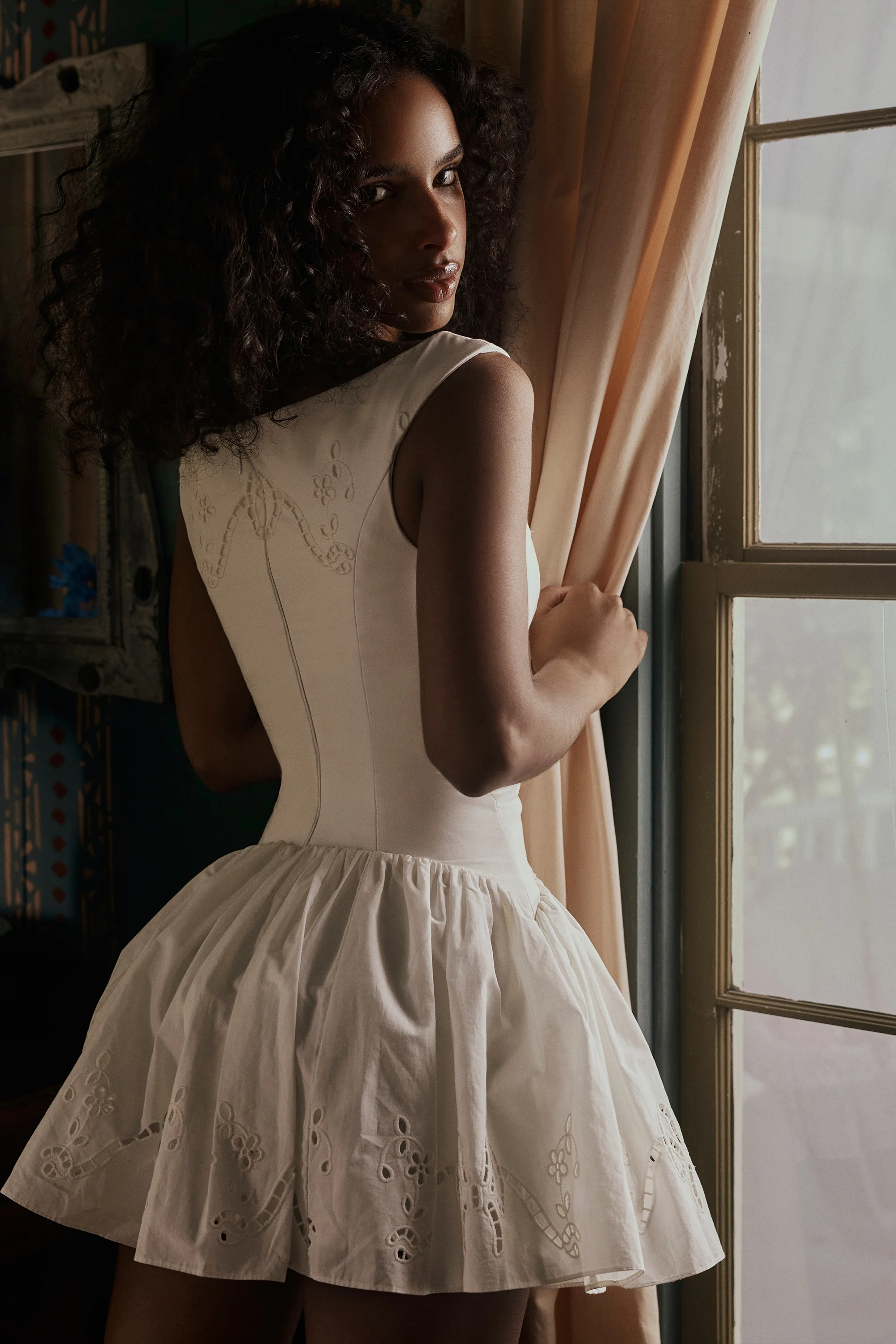 white cotton broderie anglaise boat neck mini dress
