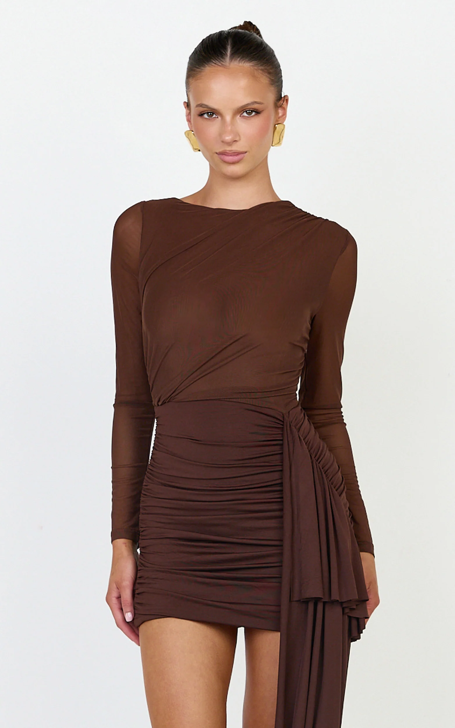 Jasmine Mini Dress - Long Sleeve Draped Skirt Overlay Dress in Chocolate